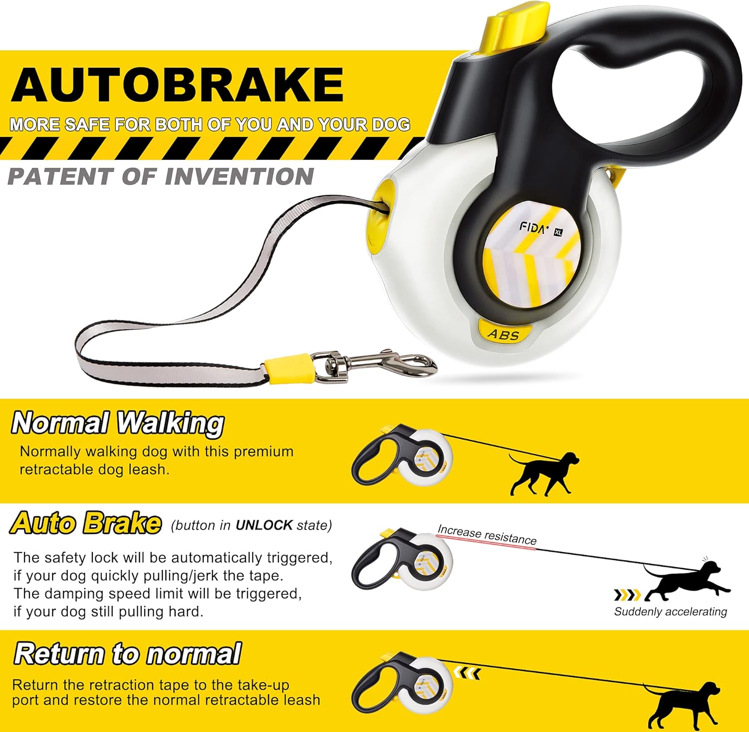 FIDA AutoBrake Retractable Dog Leash. Advanced Patented Design for Dog Pulling, 16 ft Heavy Duty No Pull Pet Walking Leash for Extra Large Breeds. Tangle Free, Soft Grip, X-Large Size. - Image 2