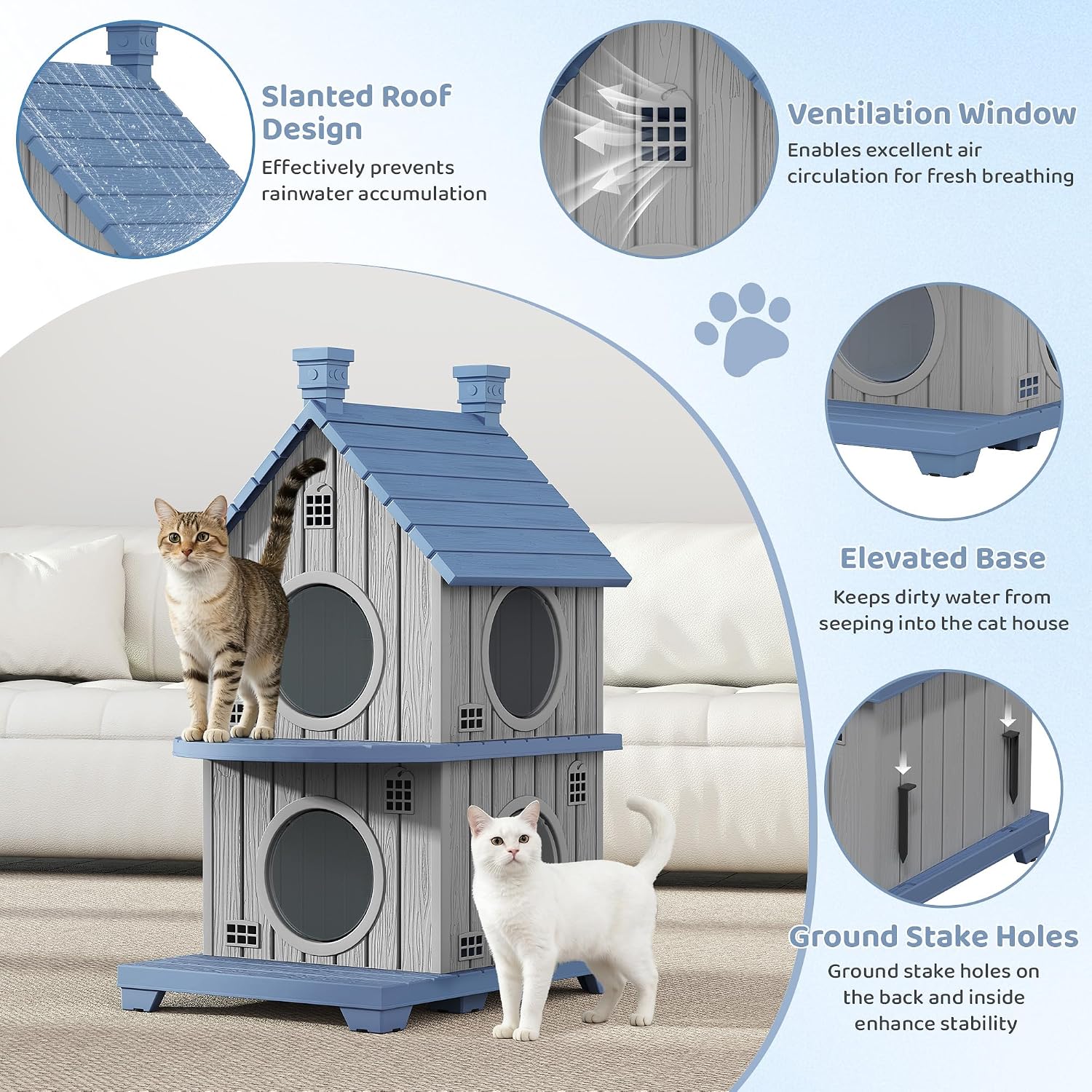 Outdoor Cat House Weatherproof, Durable Resin Cat Houses for Outdoor Indoor Cats, Litter Box Enclosure with Elevated Base, Anti-Slip Pad, Ventilation, Double-Story, Grey Blue - Image 4