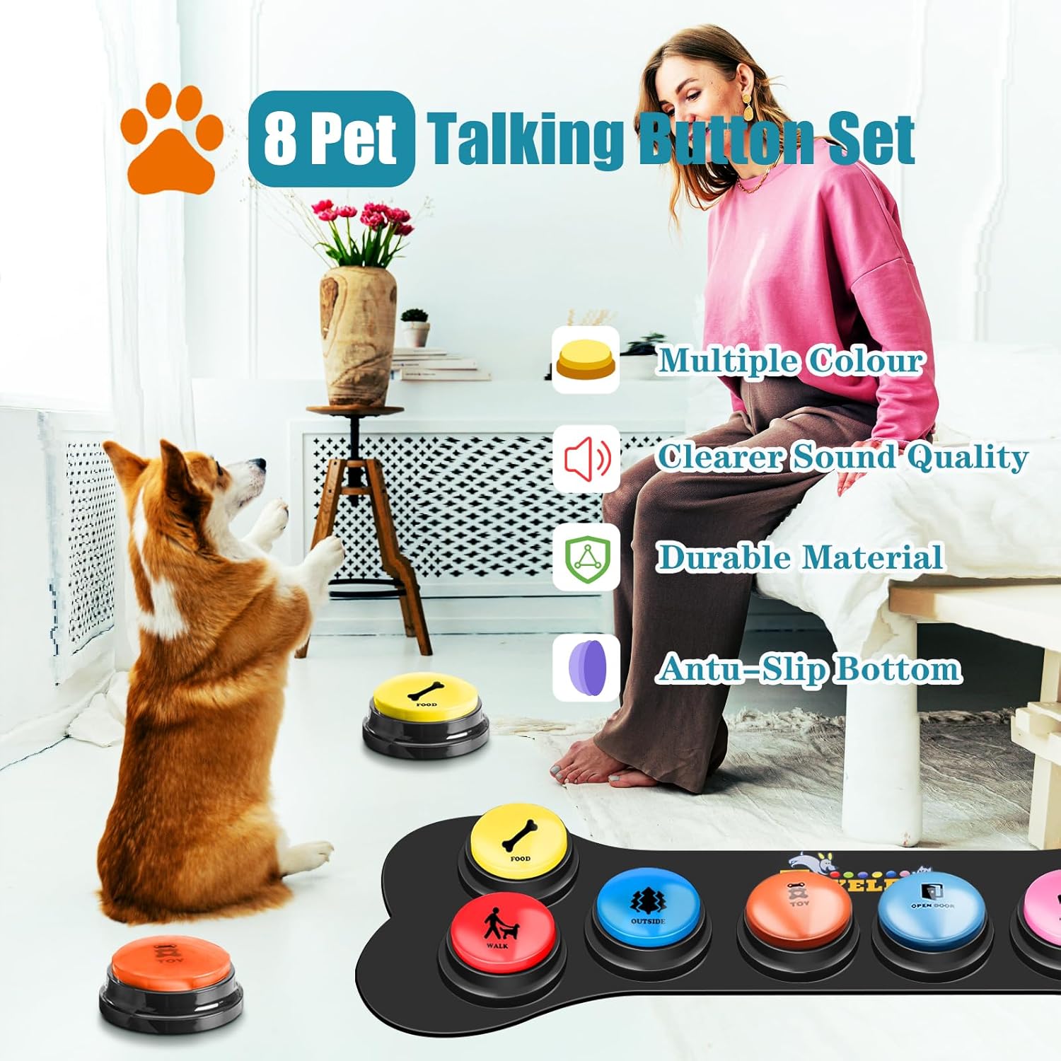 Dog Buttons for Communication Starter Pack 8 Dog Talking Button Set, 30s Voice Recording Speaking Button Pet Speech Training Buzzers with 30 Scene Stickers and Dog Button Mat for Animal Training - Image 3