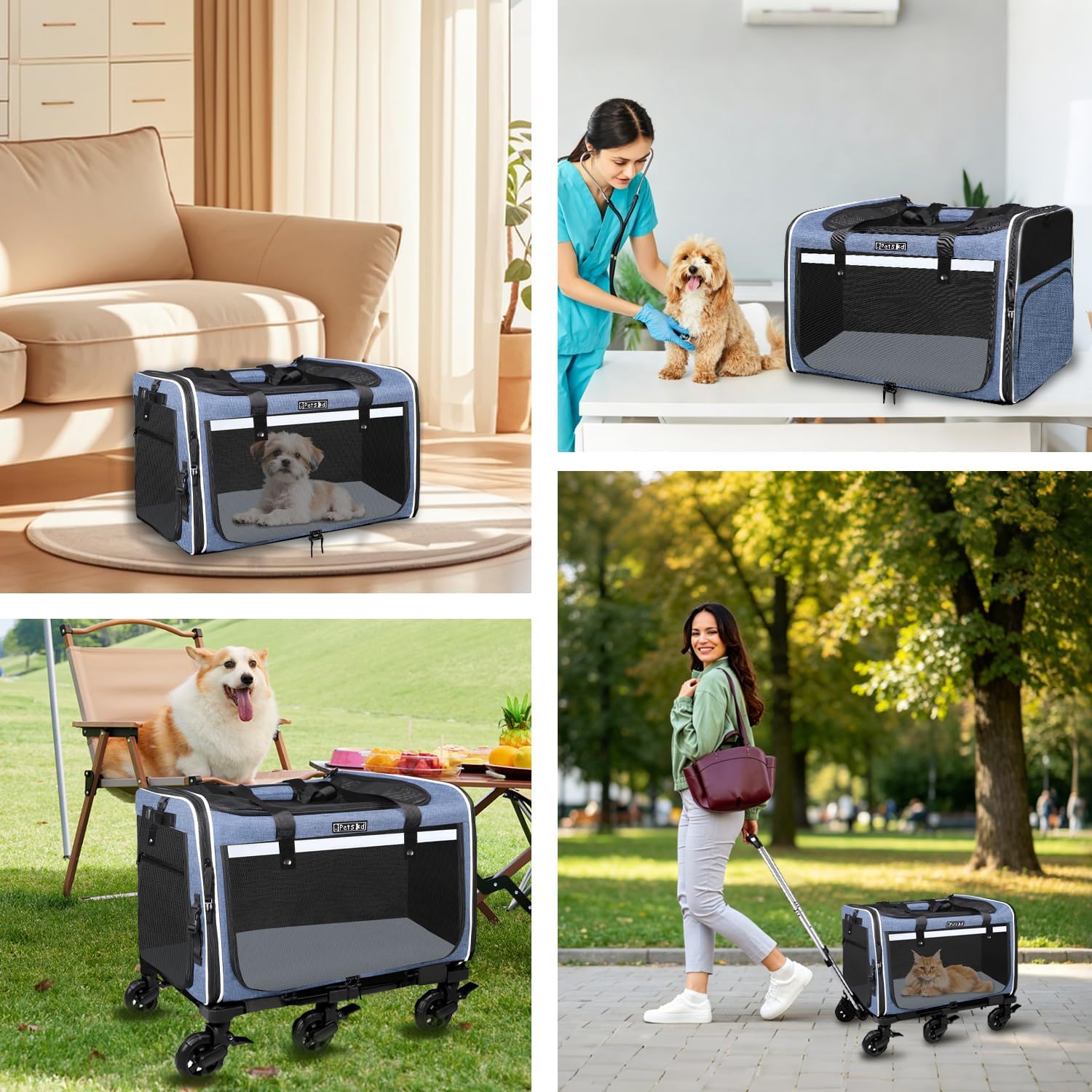 Petskd Extra Large Pet Carrier with Wheels for Large Cat or Medium Dog, 24" X 17" X 15" Soft-Sided Rolling Dog Cat Carrier for Indoor and Outdoor Uses, Support up to 40 Lbs, Blue - Image 7