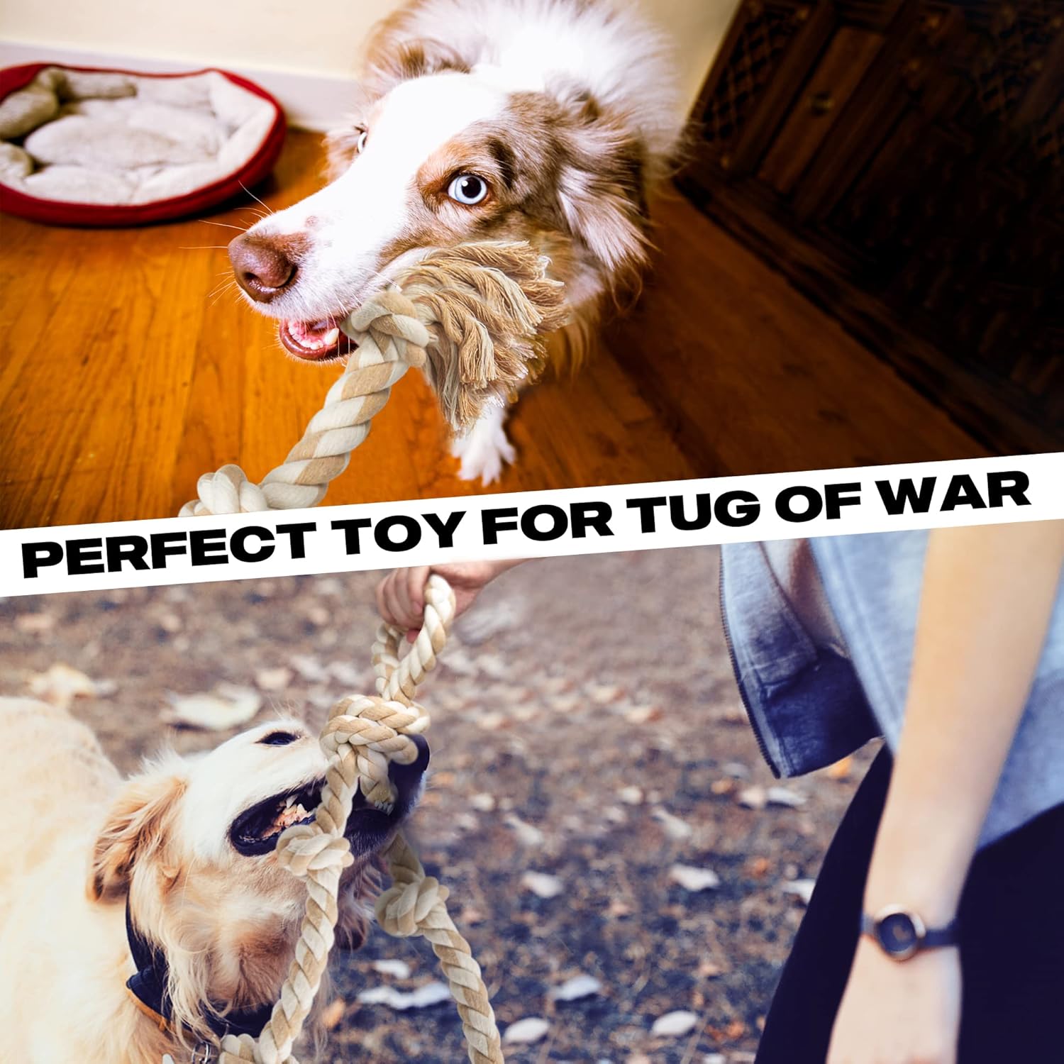 Fida Dog Rope Toys for Aggressive Chewers,Large Dog Toy Designed for Tug of War, Tough Dog Rope Toy Indestructible Made of Undyed Natural Cotton, 29" Large Dog Toys with 3 Big Knots and a Handle - Image 6
