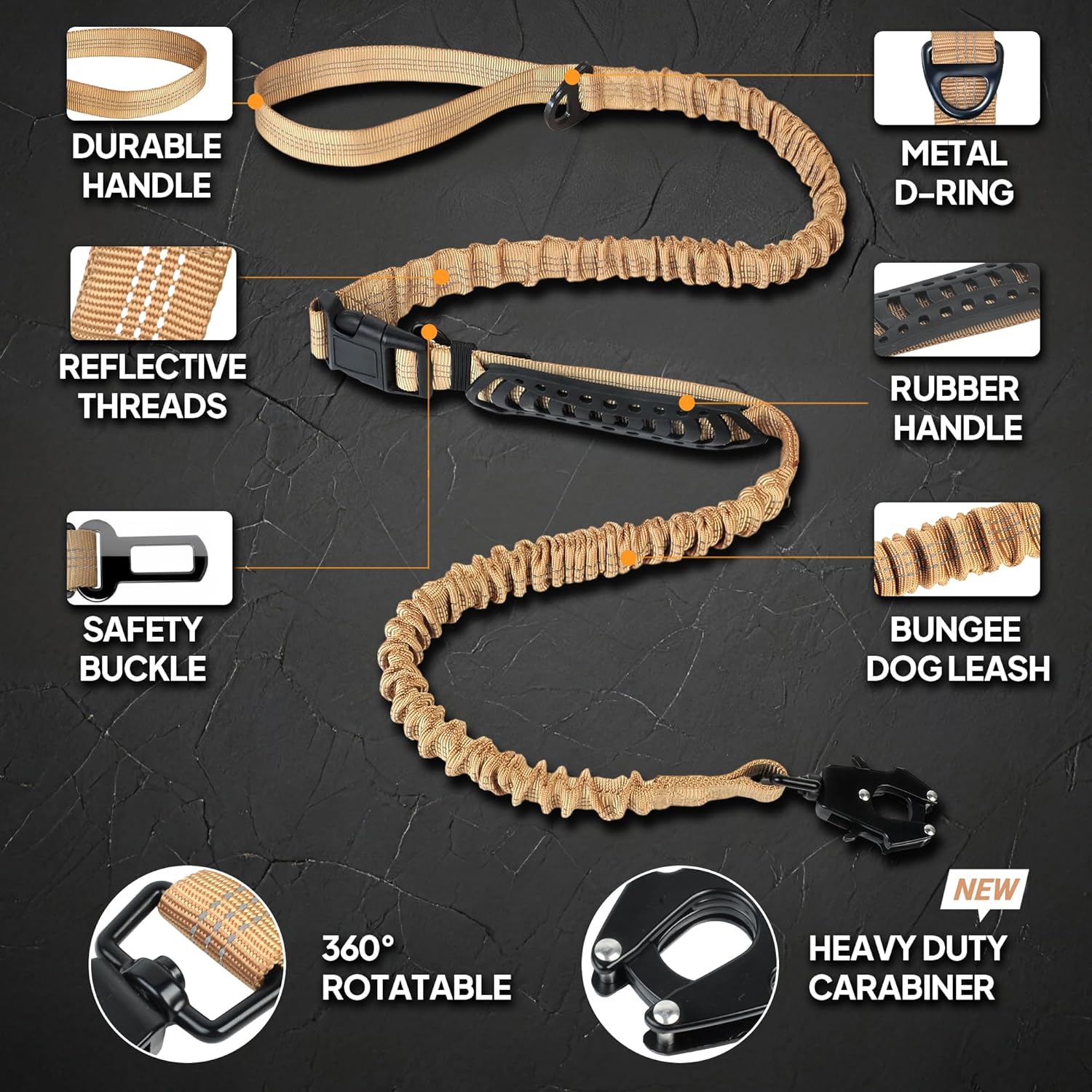 Twoear Heavy Duty Dog Leash for Large Dogs that Pull, 4-7FT Shock Absorbing Bungee Leash with Traffic Handle, Metal Frog Clip, Car Seatbelt, Reflective Tactical Leashes for Medium to Large Breeds - Image 3