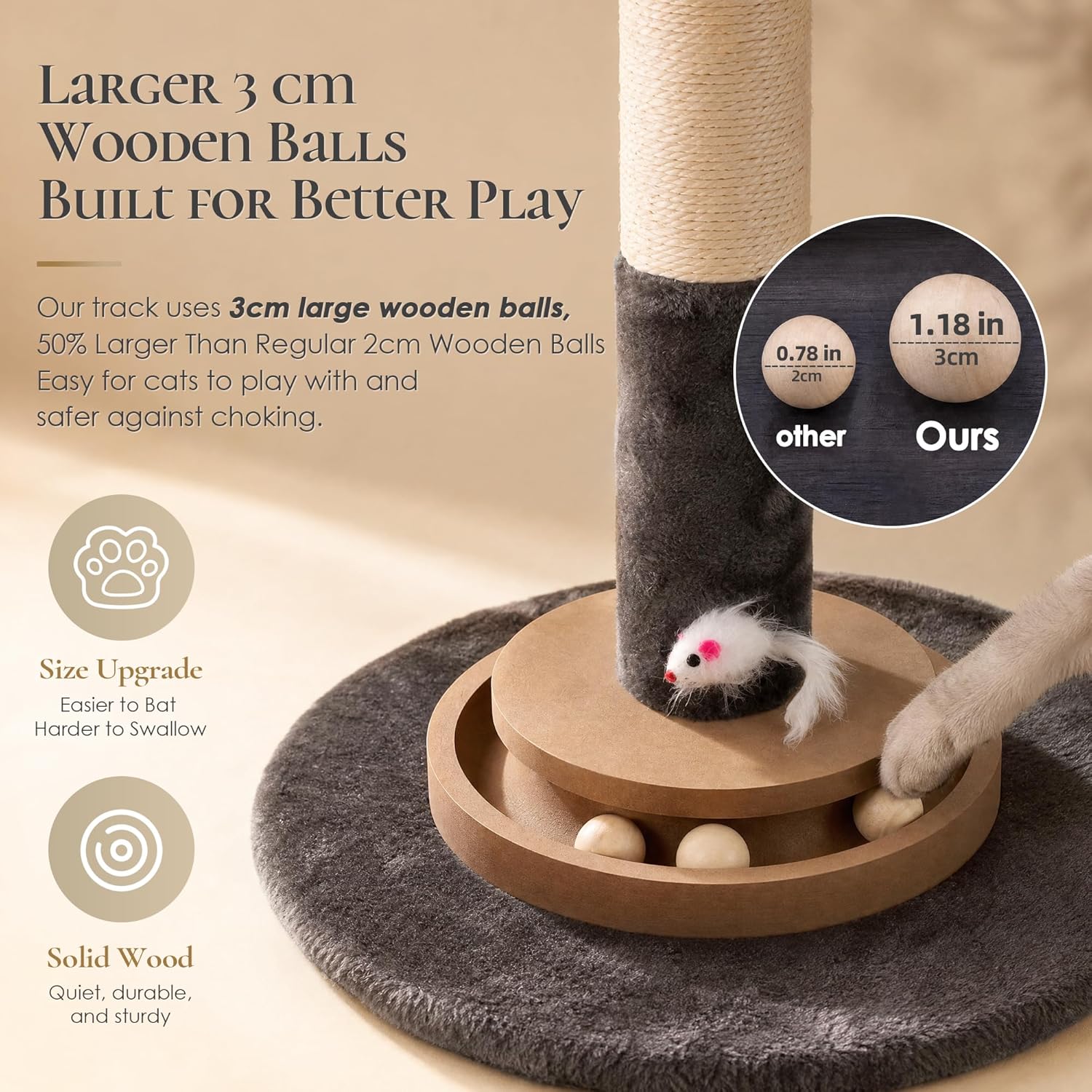 35 Inch Cat Scratching Post, Eucalyptus Sisal Rope Cat Tree Tower with Hanging Ball & Interactive Mouse Toy, Durable Scratcher for Indoor Adult Cats - Image 3