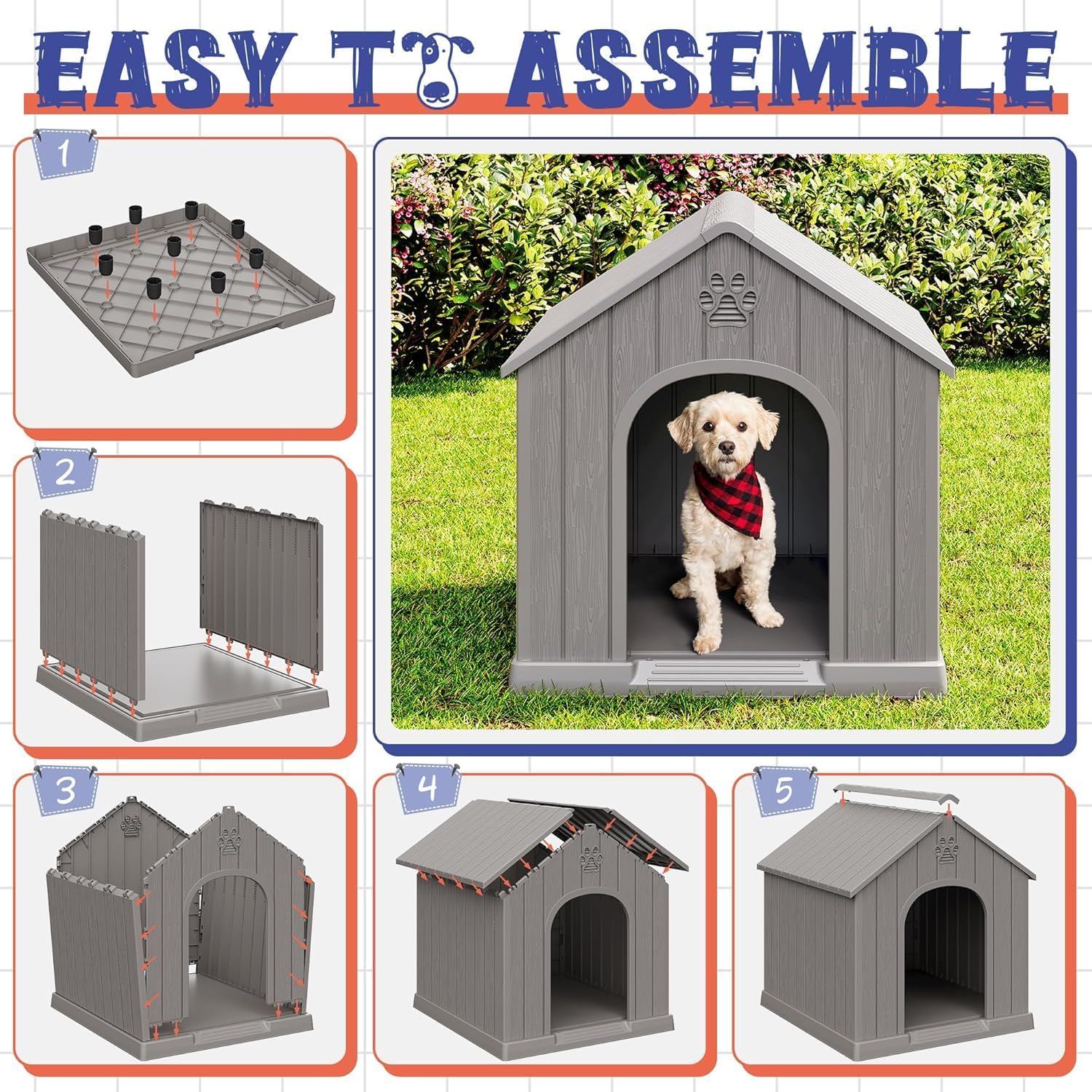 Bifanuo Dog House Outdoor Indoor, Plastic Small Dog House-Weatherproof Design with Air Vents & Elevated Floor for Small to Medium Dogs, Easy Clean and Assemble (Grey, 26.18" L x 24.03" W x 25.98" H) - Image 7