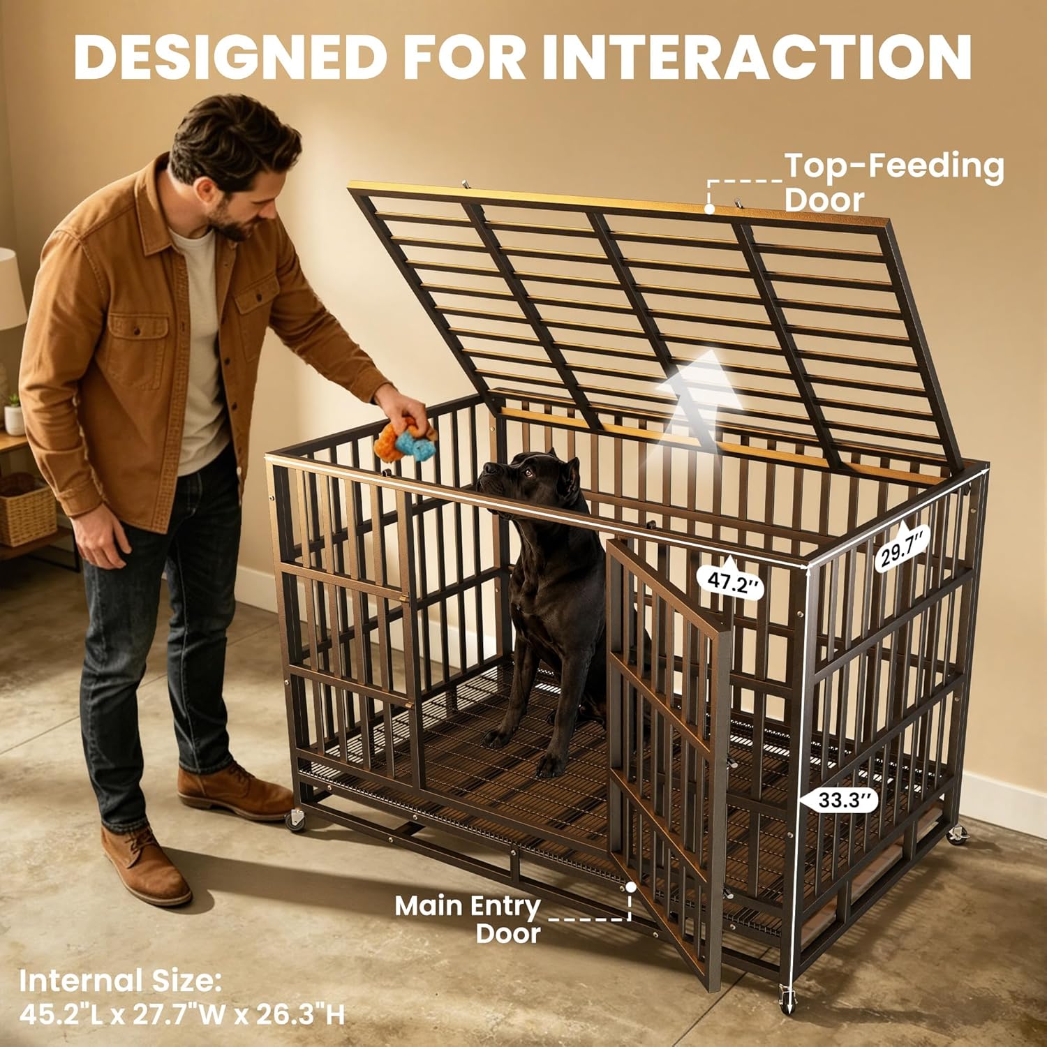 Hiwokk 48 Inch Heavy Duty Dog Crate, Indestructible Escape-Proof Dog Kennel for High Anxiety Large Dogs, Strong Metal Pet Cage with Double Doors, Lockable Wheels & Removable Tray, XL XXL XXXL - Image 7