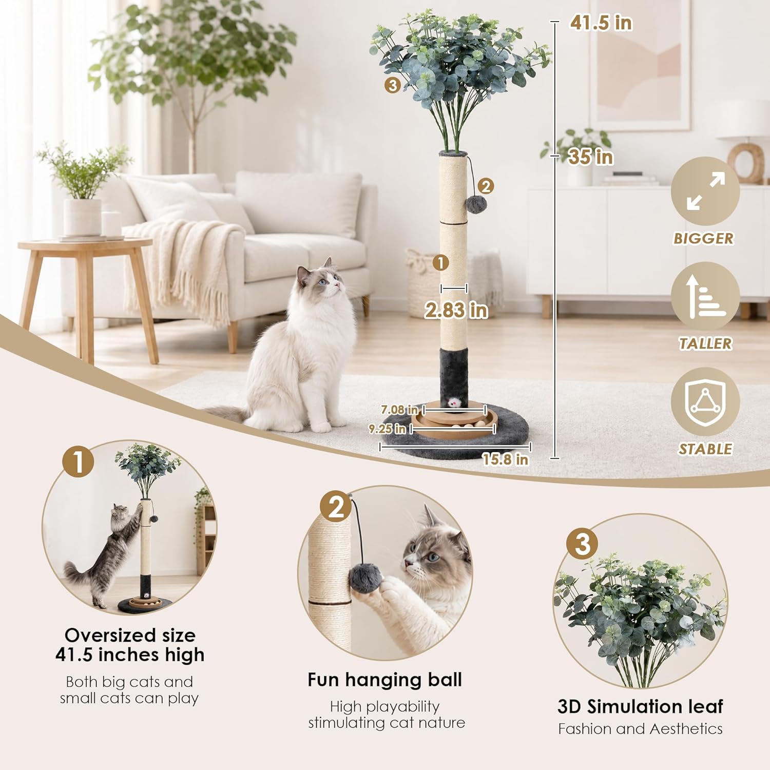 35 Inch Cat Scratching Post, Eucalyptus Sisal Rope Cat Tree Tower with Hanging Ball & Interactive Mouse Toy, Durable Scratcher for Indoor Adult Cats - Image 5