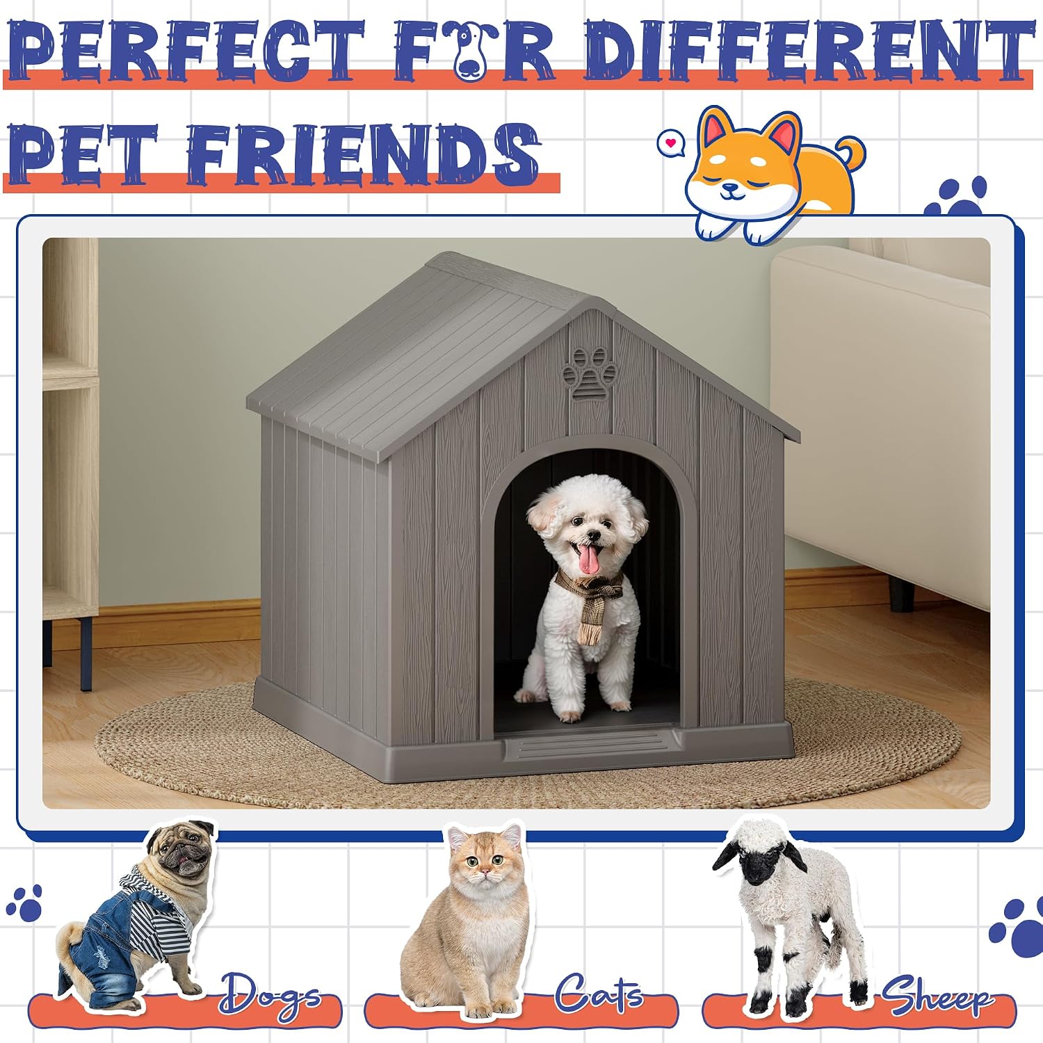 Bifanuo Dog House Outdoor Indoor, Plastic Small Dog House-Weatherproof Design with Air Vents & Elevated Floor for Small to Medium Dogs, Easy Clean and Assemble (Grey, 26.18" L x 24.03" W x 25.98" H) - Image 9