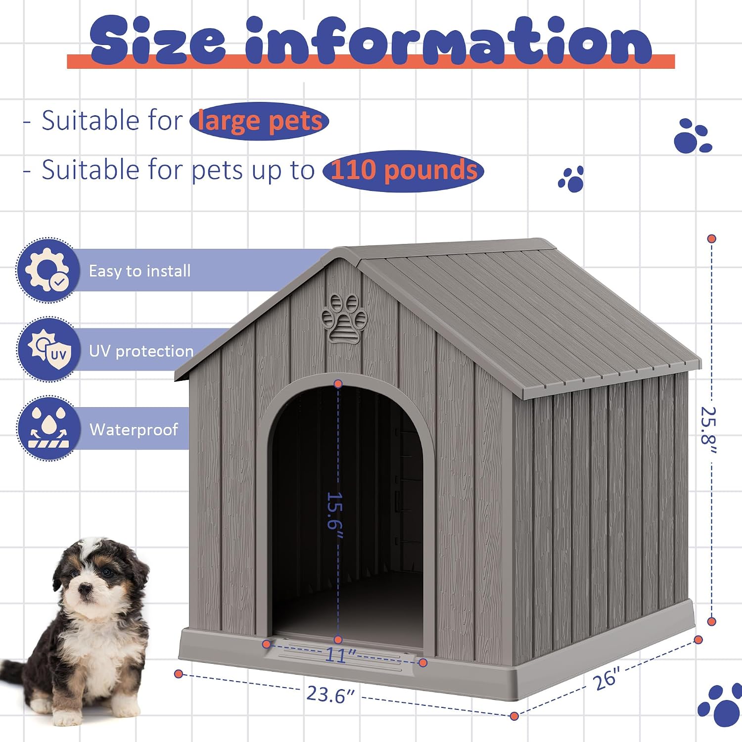 Bifanuo Dog House Outdoor Indoor, Plastic Small Dog House-Weatherproof Design with Air Vents & Elevated Floor for Small to Medium Dogs, Easy Clean and Assemble (Grey, 26.18" L x 24.03" W x 25.98" H) - Image 8