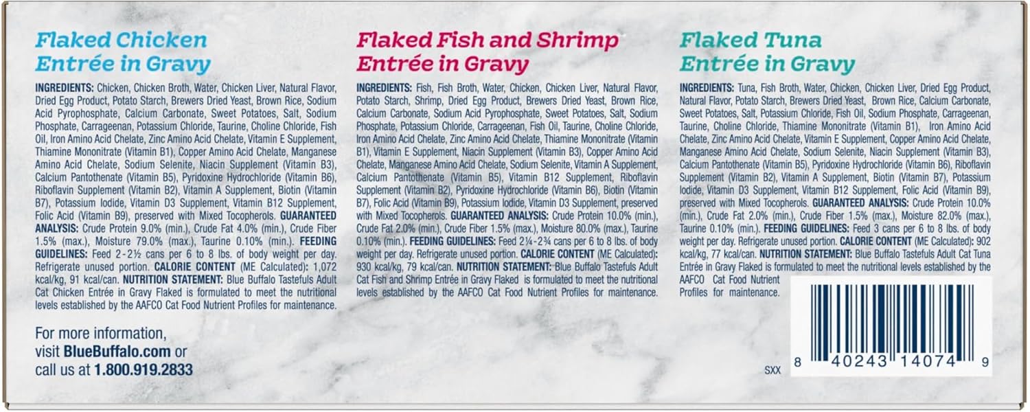 Blue Buffalo Tastefuls Flaked Adult Wet Cat Food Variety Pack (Tuna, Chicken, Fish & Shrimp), Natural Ingredients Enhanced with Vitamins, Minerals & Other Nutrients, 3-oz. Each (12 Cans) - Image 2