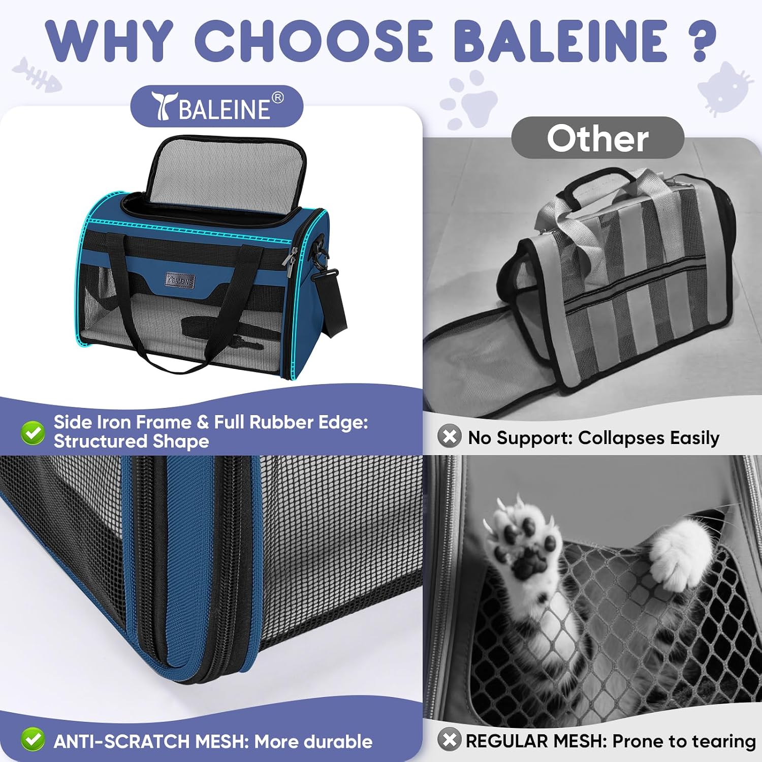 BALEINE Cat Carrier, Puppy Dog Carrier for Small Medium Pets Up to 15 Lbs, Soft-Sided Dog Travel Bag with Safety Zippers, Collapsible Pet Carrying Case (Blue, L, 17"x11"x11") - Image 7