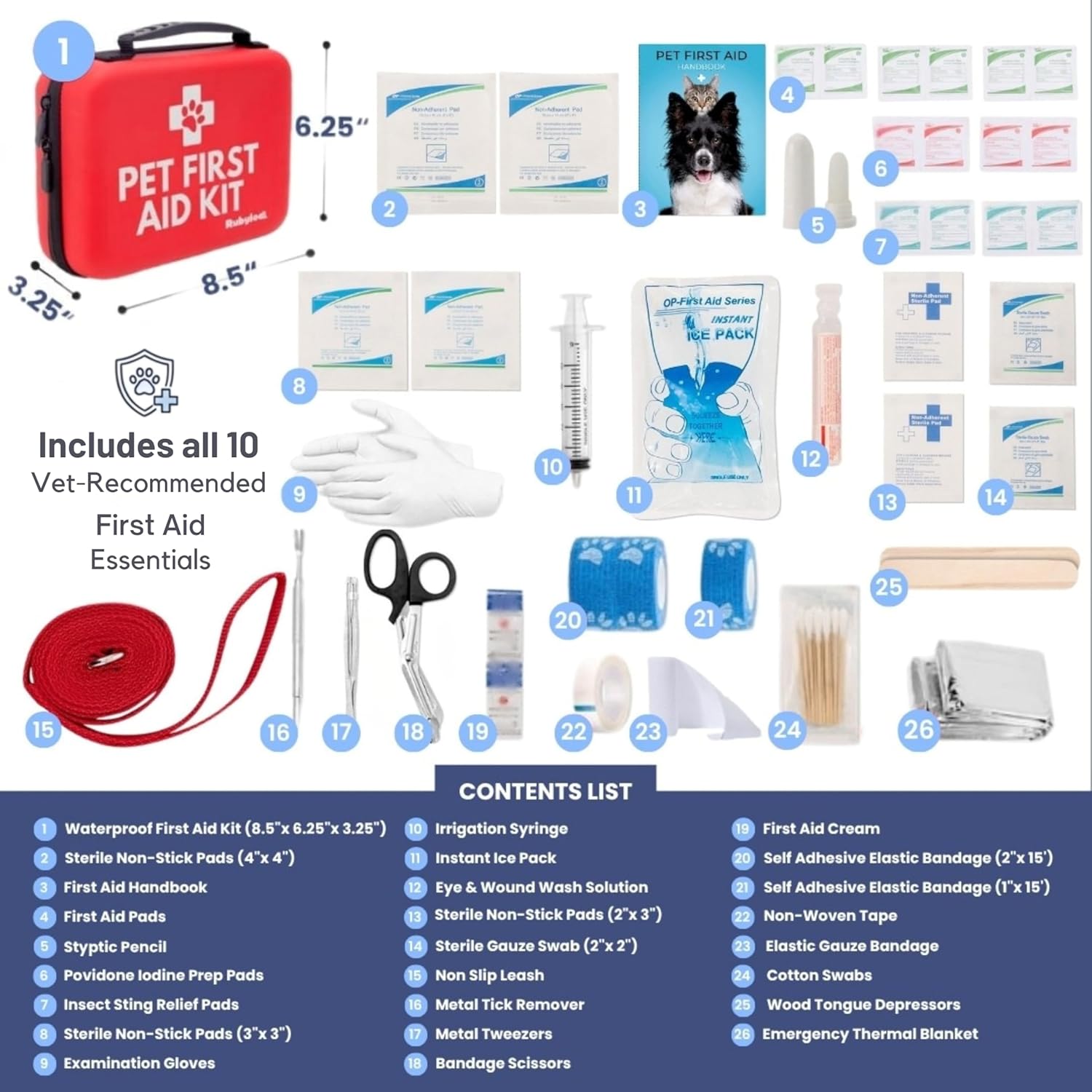 Dog First Aid Kit - Vet Approved Emergency Supplies - Pet First Aid Kit Guide, Tick Remover, Slip Leash & Medical Essentials for Home, Camping, Car, RV, Travel (Essential Pack) - Image 4