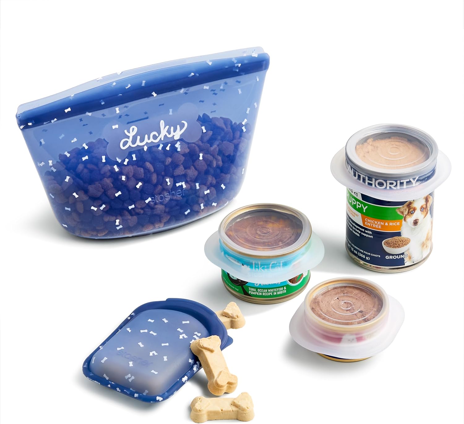 Stasher Pet Reusable Food Storage Puppy Essentials Kit, 4-Cup Dog Travel Bag, Treat Bags & Dog Food Can Lids, Airtight Seal, Food Grade Silicone, Freezer & Dishwasher Safe, Dog Gift