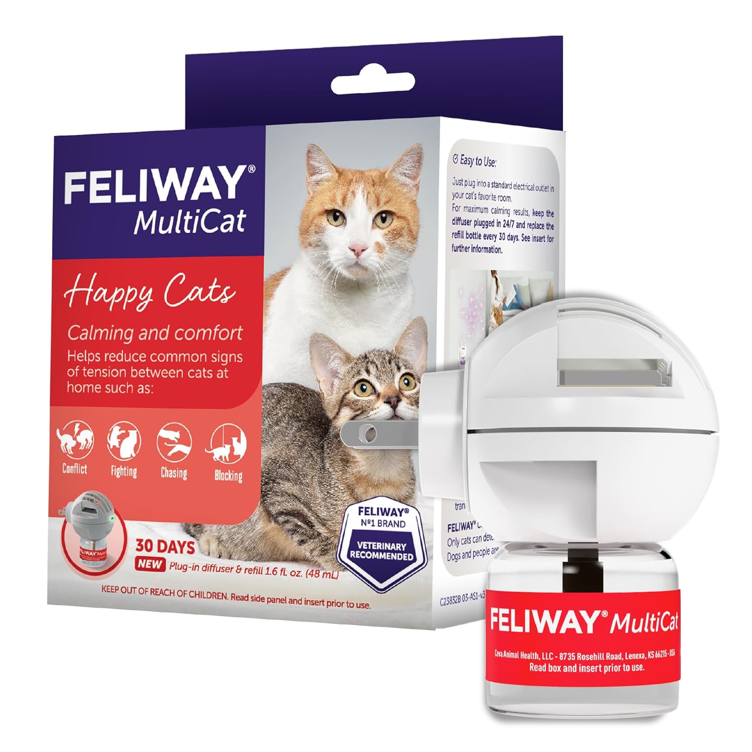 FELIWAY MultiCat 30 Day Cat Calming Plug In Pheromone Diffuser Starter Kit, 48ml - Helps Reduce Conflicts and Signs of Tension in Multi-Cat Households