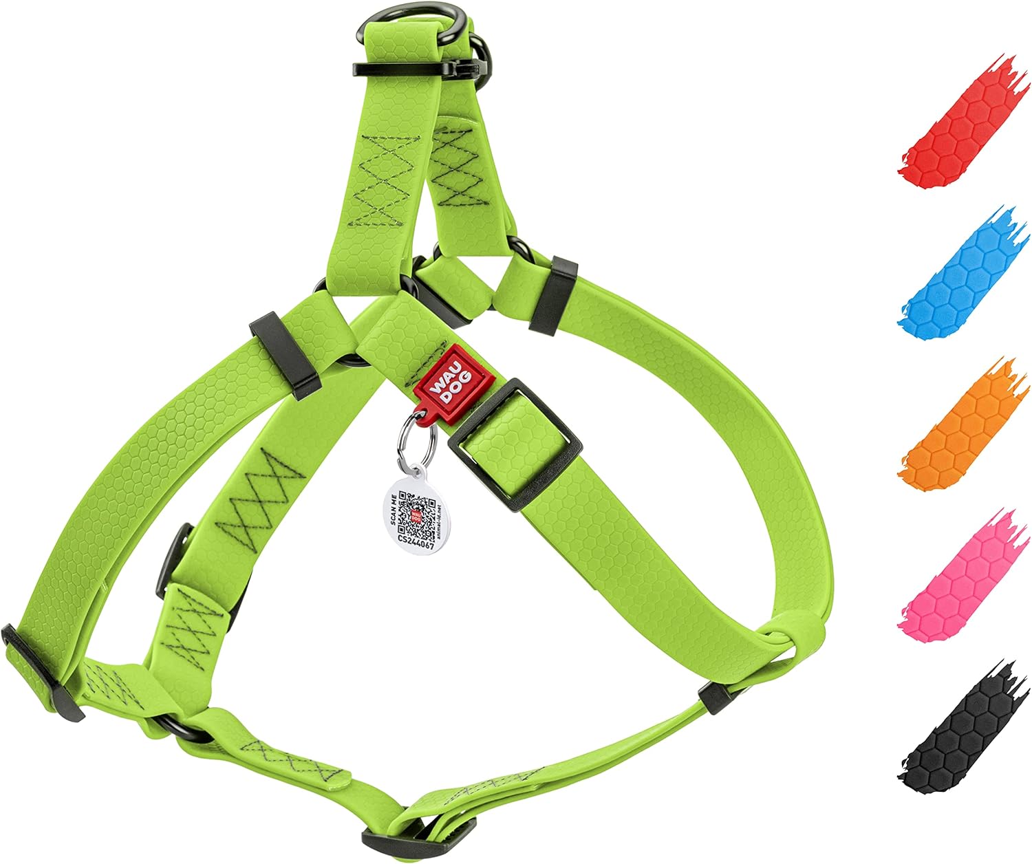 WAUDOG Waterproof Harness - Adjustable for Large, Small and Medium Dogs - Heavy Duty with Durable Metal Clasp and QR Tag - Boy & Girl - Green (16-22in)