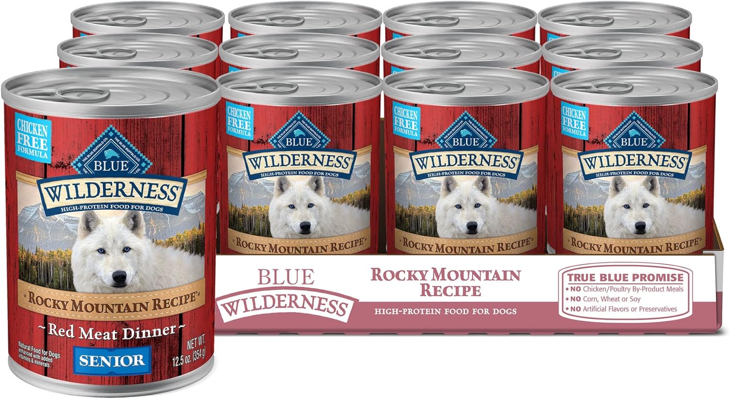 Blue Buffalo Wilderness Rocky Mountain Red Meat Senior Wet Dog Food, 25g Protein, Chicken-Free Recipe Made with Natural Ingredients, High-Protein & Grain-Free, 12.5-oz. Cans (12 Count)