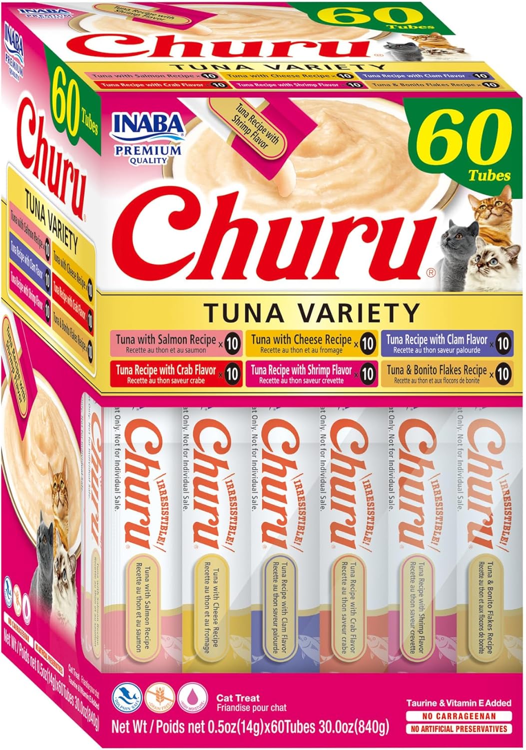 INABA Churu Cat Treats, Lickable, Squeezable Creamy Purée Cat Treat with Green Tea Extract & Taurine, 0.5 Ounces Each Tube, 60 Tubes, Tuna Variety Box