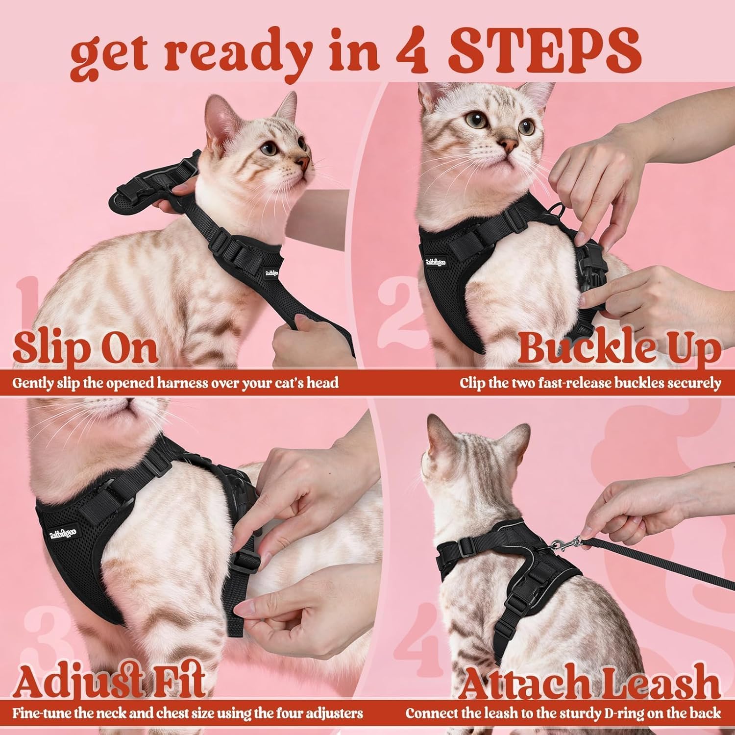 rabbitgoo Cat Harness and Leash Set, Escape Proof Kitten Harness for Safe Outdoor Walks, Soft Breathable Adjustable Vest with Reflective Strips for Kittens and Small Cats, Black, Xs - Image 8