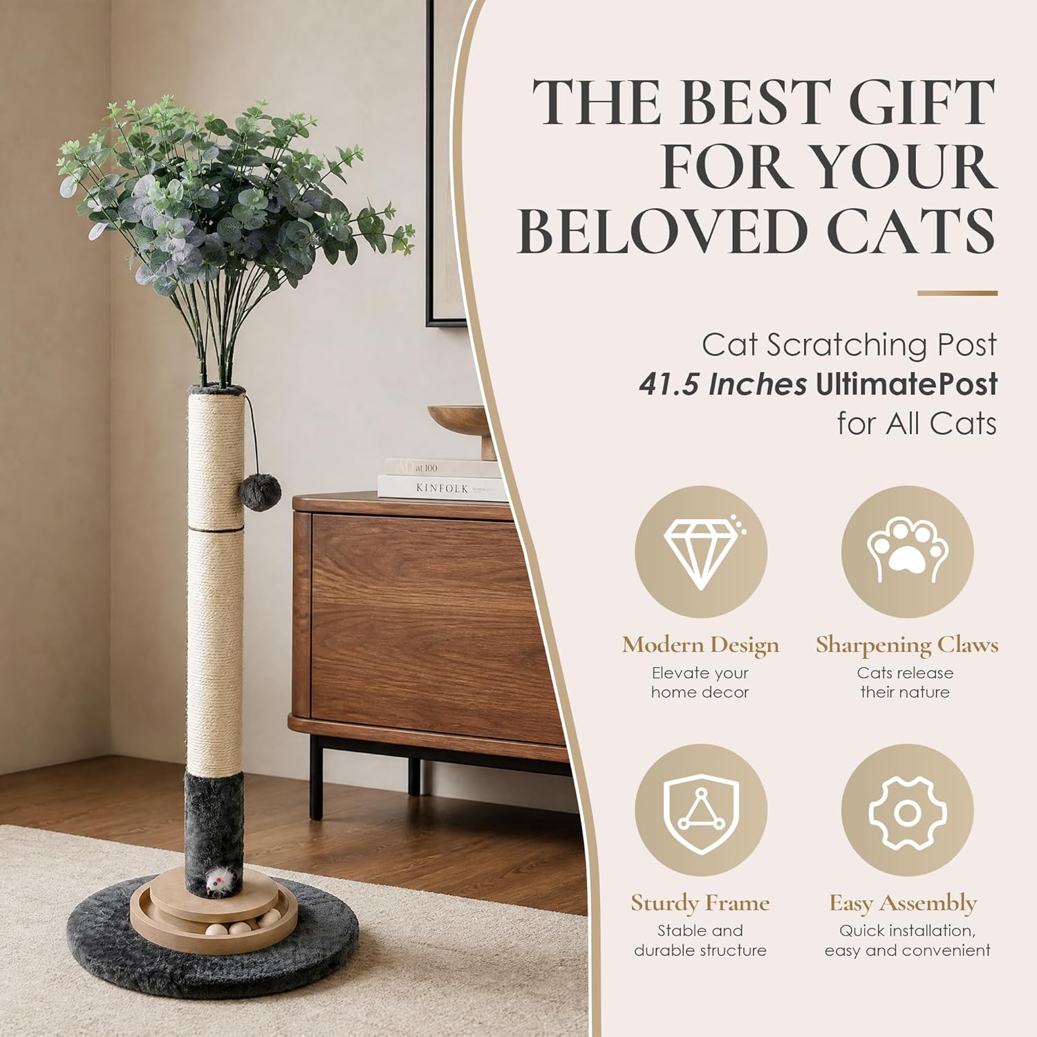 35 Inch Cat Scratching Post, Eucalyptus Sisal Rope Cat Tree Tower with Hanging Ball & Interactive Mouse Toy, Durable Scratcher for Indoor Adult Cats - Image 6
