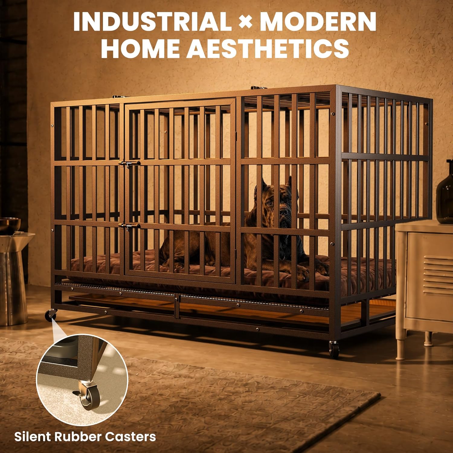 Hiwokk 48 Inch Heavy Duty Dog Crate, Indestructible Escape-Proof Dog Kennel for High Anxiety Large Dogs, Strong Metal Pet Cage with Double Doors, Lockable Wheels & Removable Tray, XL XXL XXXL - Image 5
