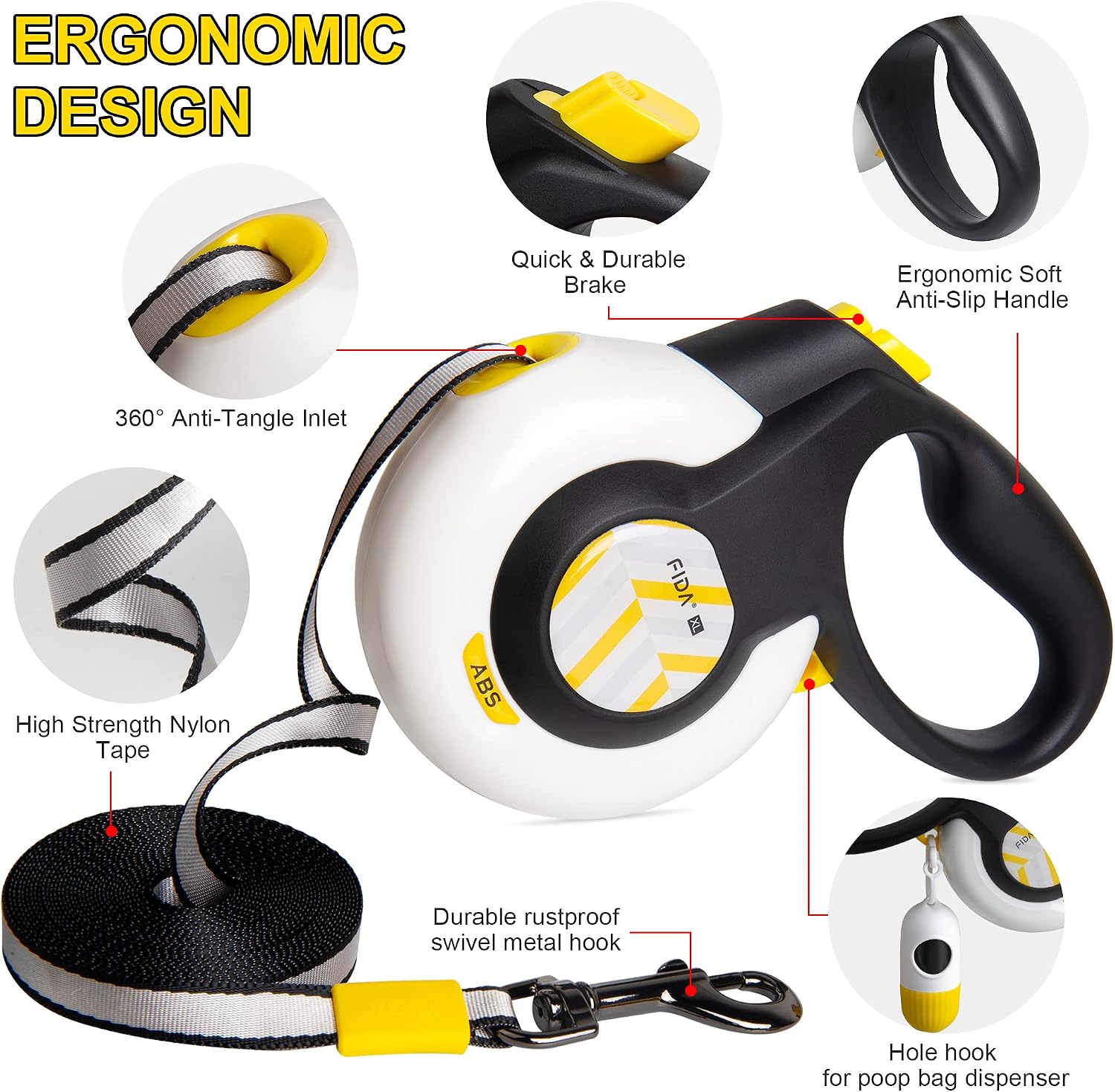 FIDA AutoBrake Retractable Dog Leash. Advanced Patented Design for Dog Pulling, 16 ft Heavy Duty No Pull Pet Walking Leash for Extra Large Breeds. Tangle Free, Soft Grip, X-Large Size. - Image 3