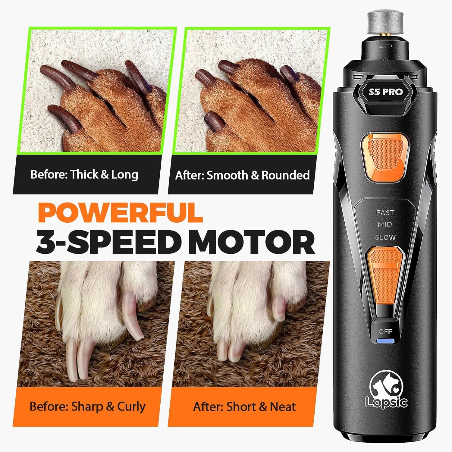 Whisper Quiet Dog Nail Grinder with 4 LED Lights, Safe & Stress-Free for Sensitive Dogs Cats of All Breeds & Sizes, 3 Grinding Bits, 3-Speed, Pet Nail Trimmers, Rechargeable Painless Grooming Kit - Image 4