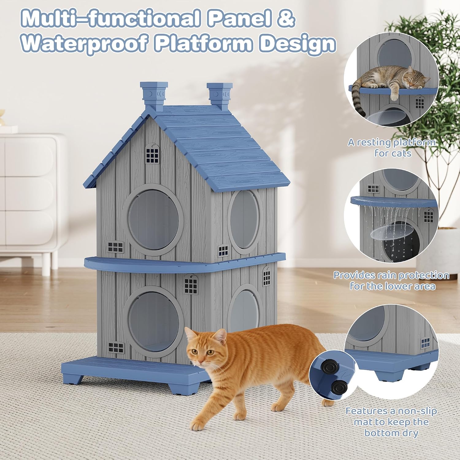 Outdoor Cat House Weatherproof, Durable Resin Cat Houses for Outdoor Indoor Cats, Litter Box Enclosure with Elevated Base, Anti-Slip Pad, Ventilation, Double-Story, Grey Blue - Image 5
