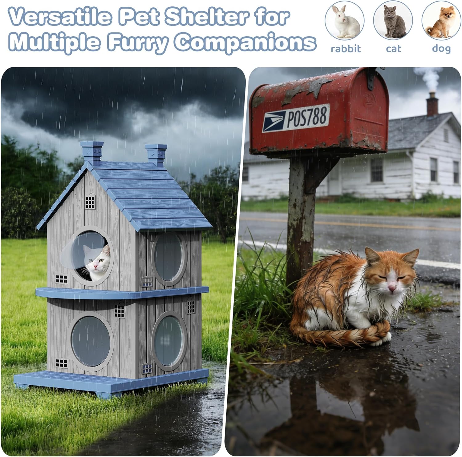 Outdoor Cat House Weatherproof, Durable Resin Cat Houses for Outdoor Indoor Cats, Litter Box Enclosure with Elevated Base, Anti-Slip Pad, Ventilation, Double-Story, Grey Blue - Image 3