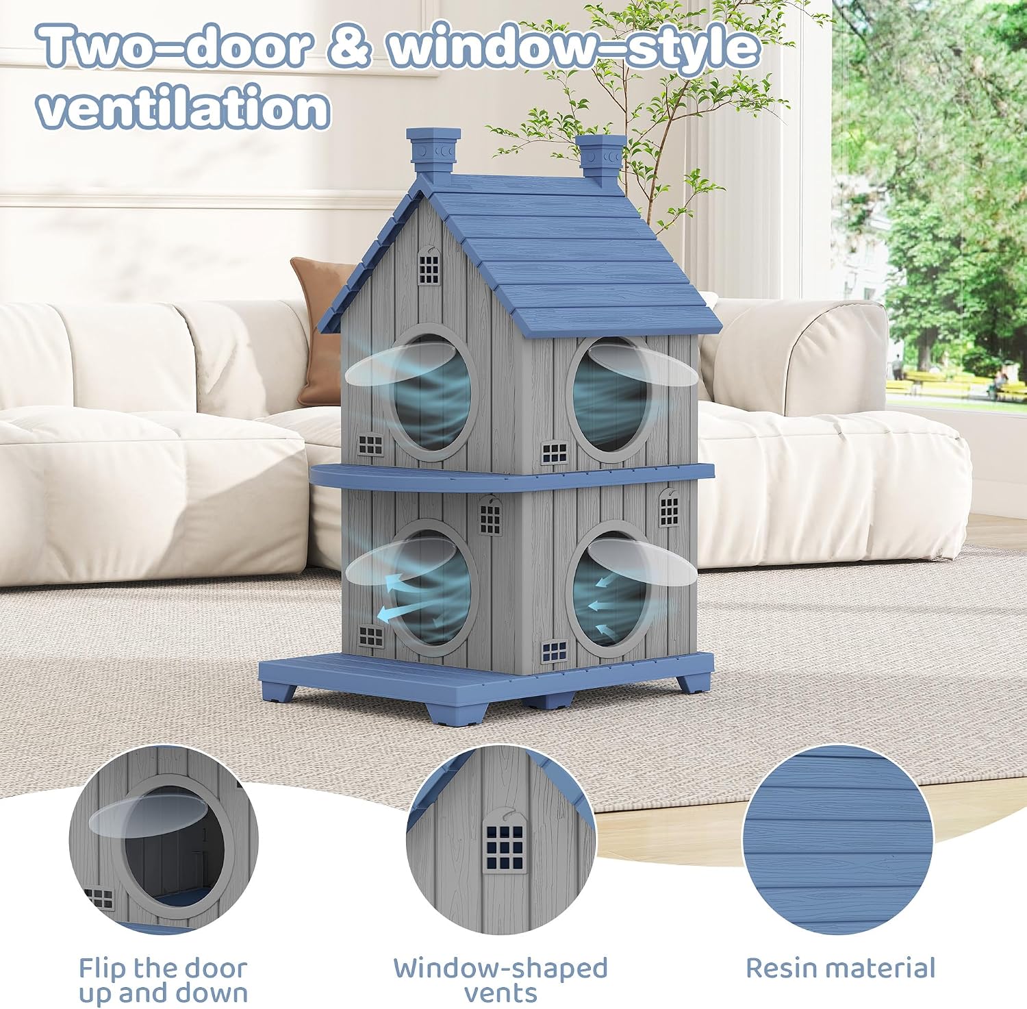 Outdoor Cat House Weatherproof, Durable Resin Cat Houses for Outdoor Indoor Cats, Litter Box Enclosure with Elevated Base, Anti-Slip Pad, Ventilation, Double-Story, Grey Blue - Image 6