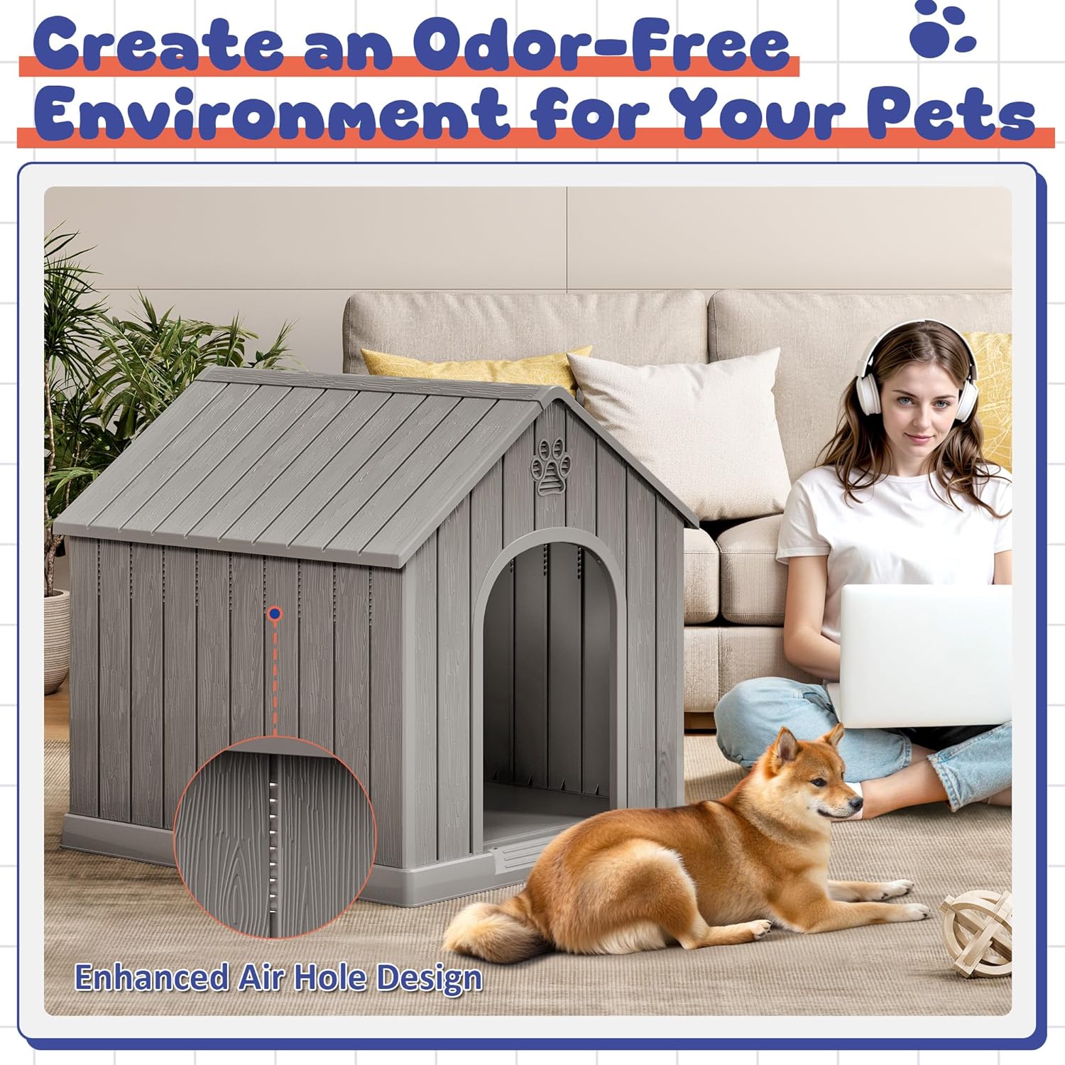 Bifanuo Dog House Outdoor Indoor, Plastic Small Dog House-Weatherproof Design with Air Vents & Elevated Floor for Small to Medium Dogs, Easy Clean and Assemble (Grey, 26.18" L x 24.03" W x 25.98" H) - Image 5
