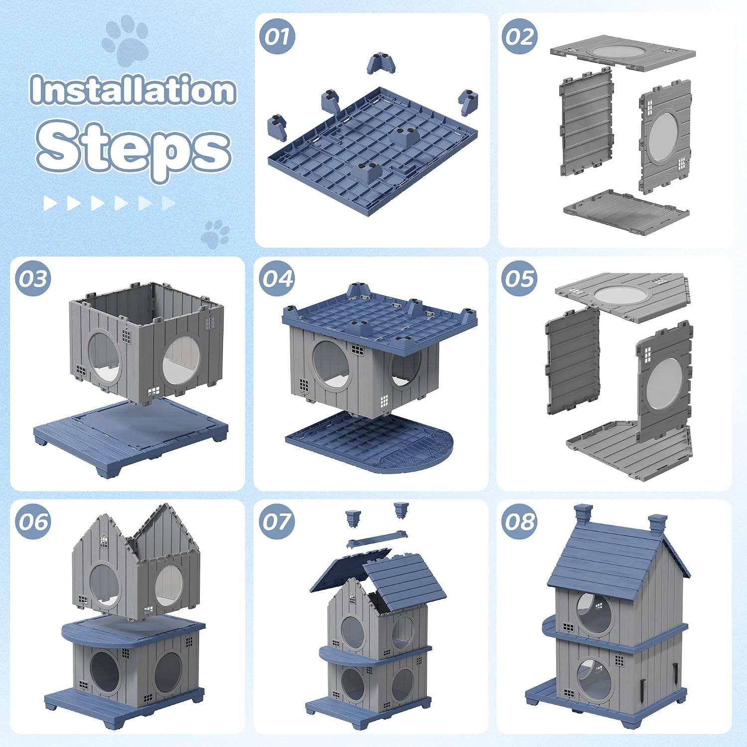 Outdoor Cat House Weatherproof, Durable Resin Cat Houses for Outdoor Indoor Cats, Litter Box Enclosure with Elevated Base, Anti-Slip Pad, Ventilation, Double-Story, Grey Blue - Image 9