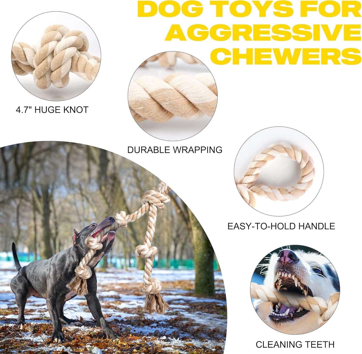 Fida Dog Rope Toys for Aggressive Chewers,Large Dog Toy Designed for Tug of War, Tough Dog Rope Toy Indestructible Made of Undyed Natural Cotton, 29" Large Dog Toys with 3 Big Knots and a Handle - Image 4