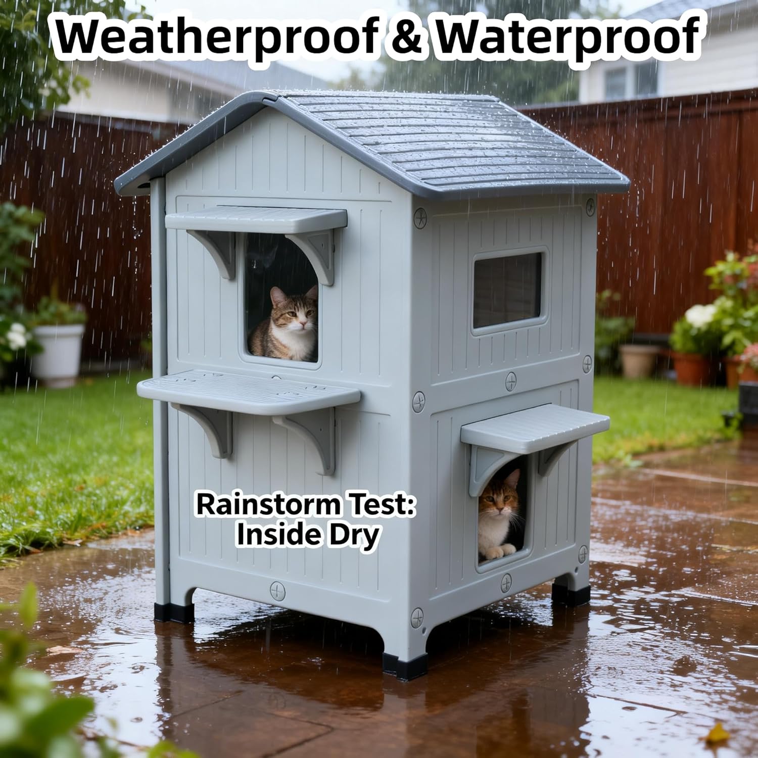 Weatherproof Outdoor Cat House with Insulated Liner for Feral Multi Cats 21.5" D x 21" W x 34" H, 2 Storey Insulated Elevated Cat Shelter with Escape Door, Easy Assemble, Expansive Interior - Image 2