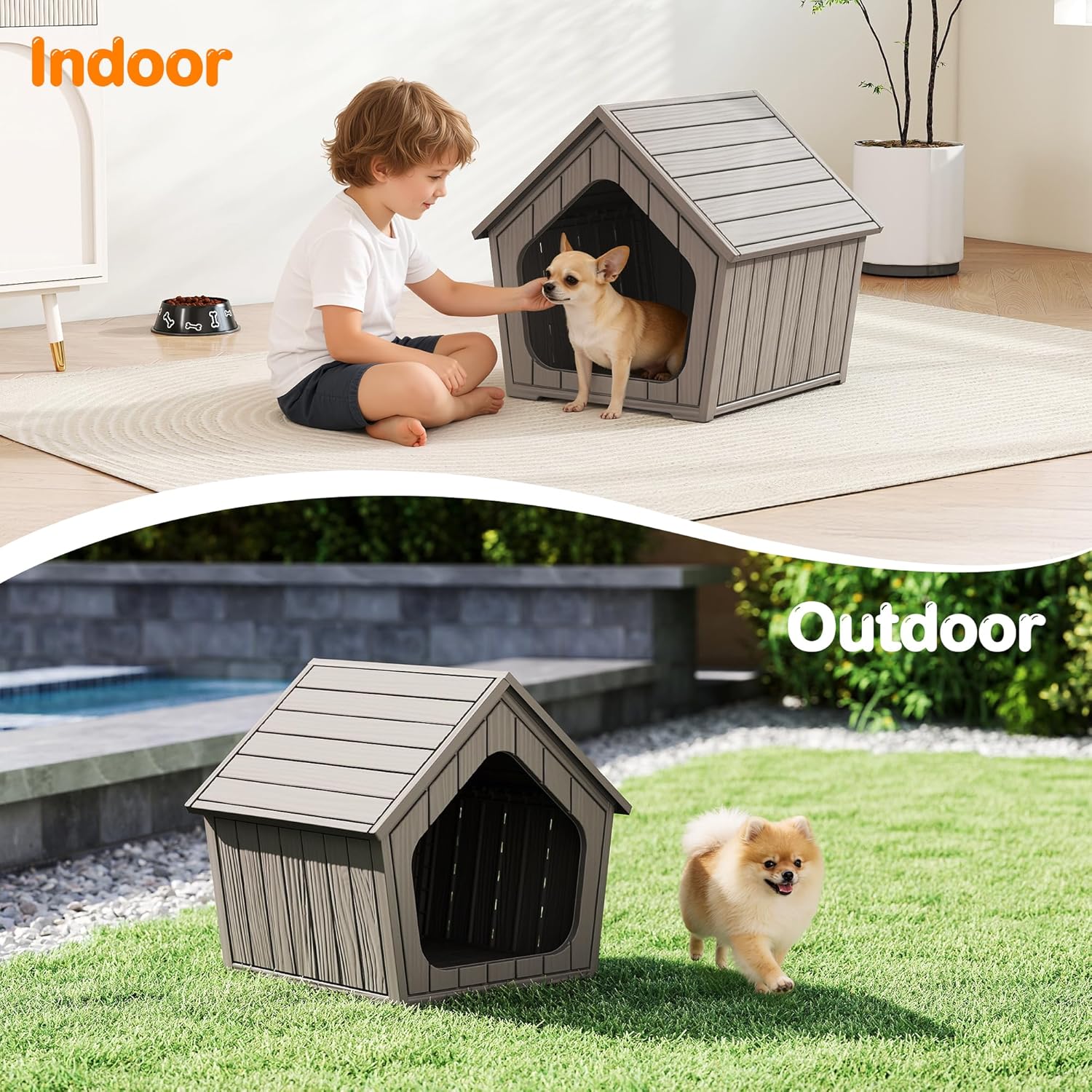 Bifanuo Dog House Outdoor Indoor for Small Dogs - Plastic Pet Shelter, Easy-Assemble & Weather-Resistant for Living Room, Balcony (Grey, 18" L x 22.4" W x 22.2" H) - Image 5