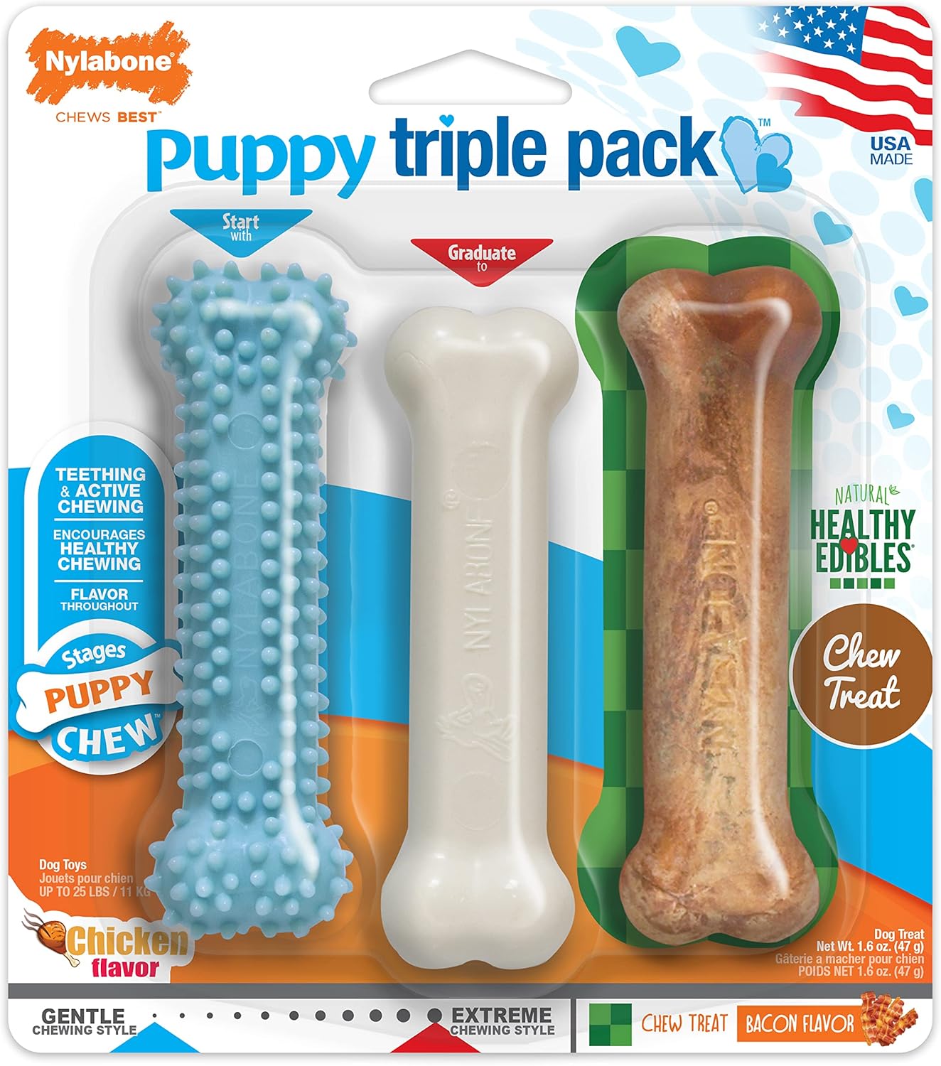 Nylabone New Puppy Starter Kit, Chew Toys & Natural Chew Treat for Puppies, Puppy Enrichment Teething Toys, Blue, Long Lasting Chicken & Bacon Flavor, Small Dogs - Up to 25 Ibs, 3 Pack - Image 10