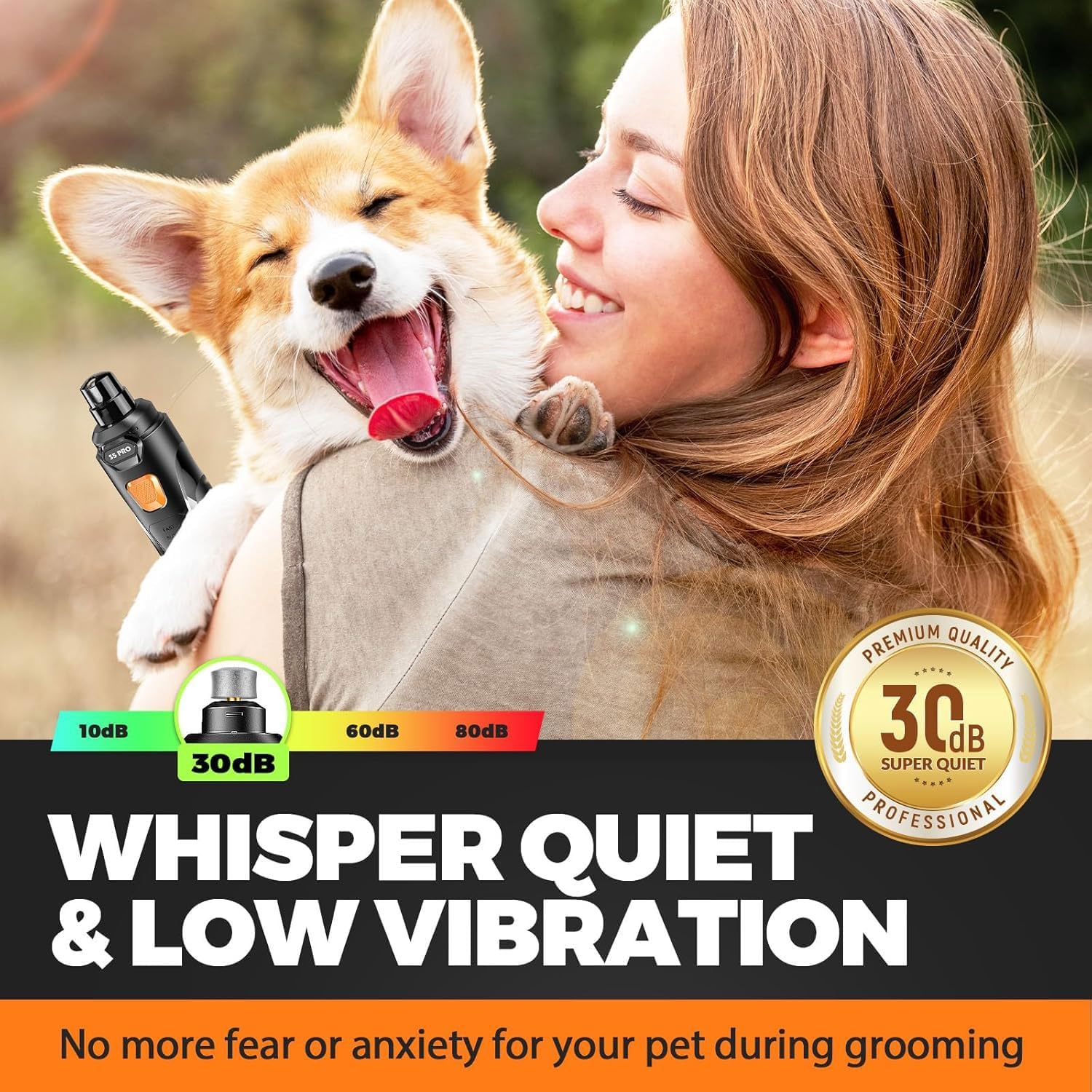 Whisper Quiet Dog Nail Grinder with 4 LED Lights, Safe & Stress-Free for Sensitive Dogs Cats of All Breeds & Sizes, 3 Grinding Bits, 3-Speed, Pet Nail Trimmers, Rechargeable Painless Grooming Kit - Image 2