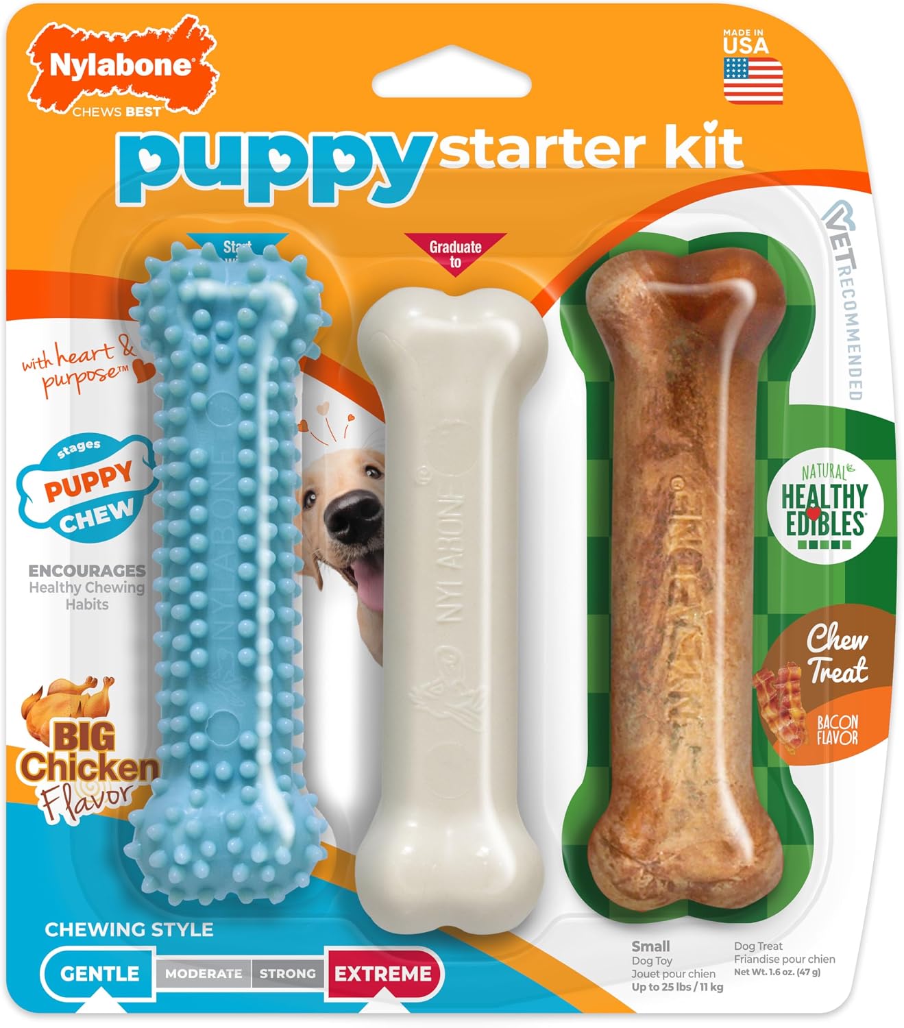 Nylabone New Puppy Starter Kit, Chew Toys & Natural Chew Treat for Puppies, Puppy Enrichment Teething Toys, Blue, Long Lasting Chicken & Bacon Flavor, Small Dogs - Up to 25 Ibs, 3 Pack - Image 9