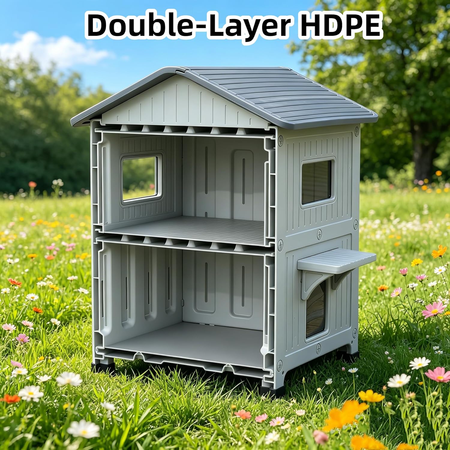 Weatherproof Outdoor Cat House with Insulated Liner for Feral Multi Cats 21.5" D x 21" W x 34" H, 2 Storey Insulated Elevated Cat Shelter with Escape Door, Easy Assemble, Expansive Interior - Image 5