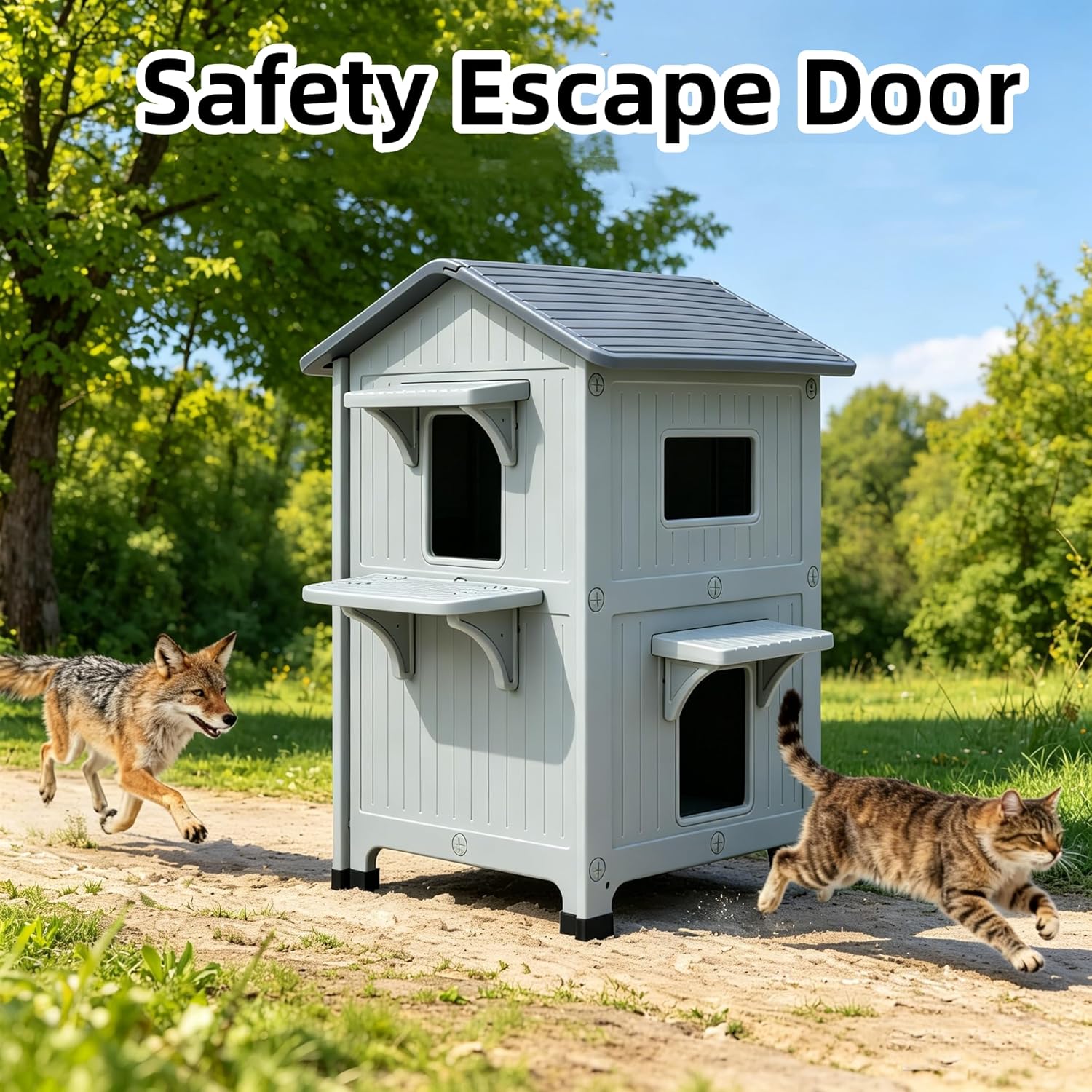 Weatherproof Outdoor Cat House with Insulated Liner for Feral Multi Cats 21.5" D x 21" W x 34" H, 2 Storey Insulated Elevated Cat Shelter with Escape Door, Easy Assemble, Expansive Interior - Image 7