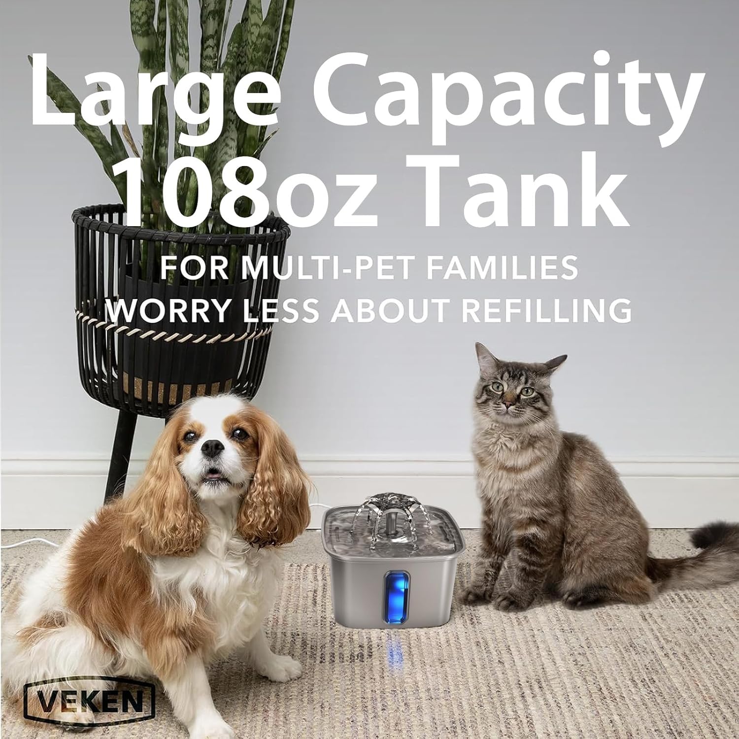 Veken Innovation Award Winner Stainless Steel Cat Water Fountain, 108oz/3.2L Automatic Pet Fountain Dog Water Dispenser with 6 Replacement Filters & Silicone Mat for Cats, Dogs, Multiple Pets (Silver) - Image 3