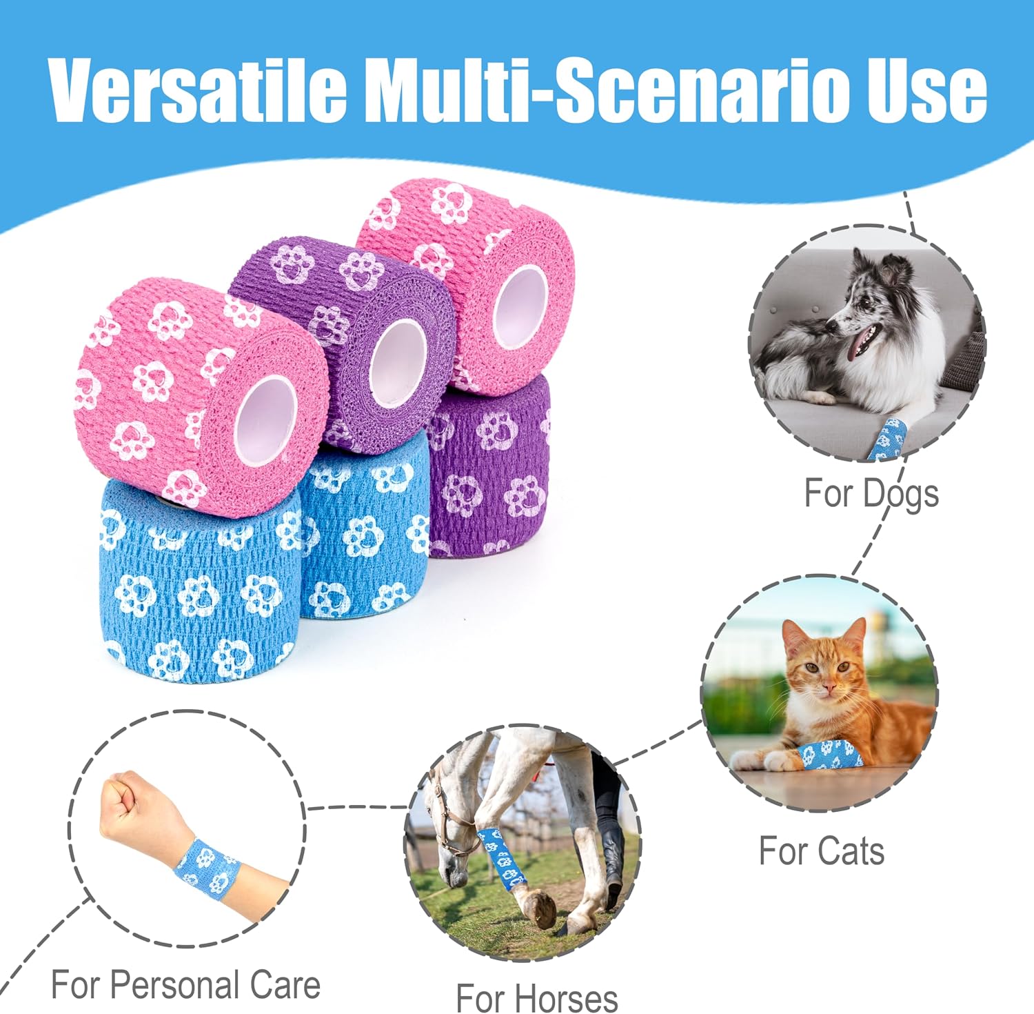 Vet Wrap Cohesive Bandages, Self-Adhesive Bandage Wrap, Breathable Non-Woven Self Adherent Tape for Pet Dog Leg Paw Wound, Horse, Cat, First Aid & Ankle Sprain, 2 Inch (6 Rolls) - Image 7