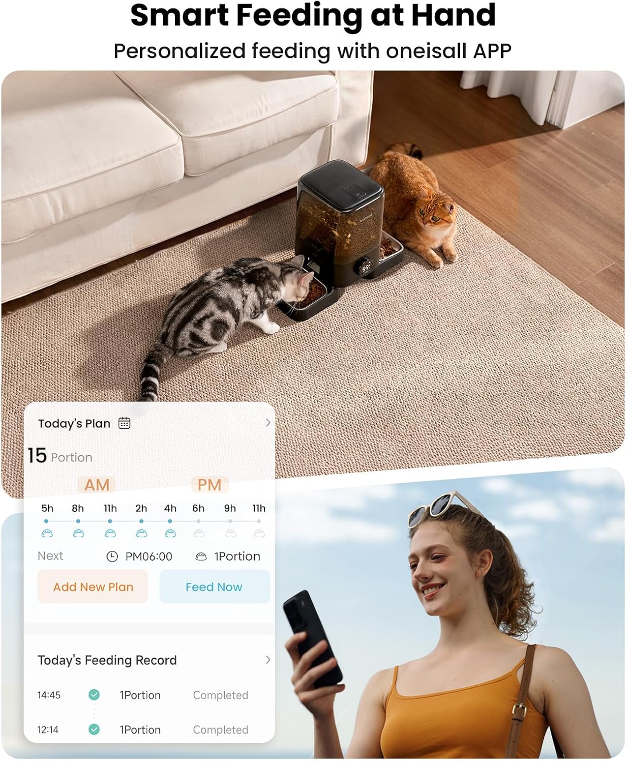 oneisall Cordless 2.4Ghz WiFi Automatic Cat Feeder for 2 Cats, Rechargeable 100-Day Battery Operated Auto Cat Feeder, 20 Cups/5L Timed Cats Food Dispenser Automatic for Large Kibble, Smart App Control - Image 3