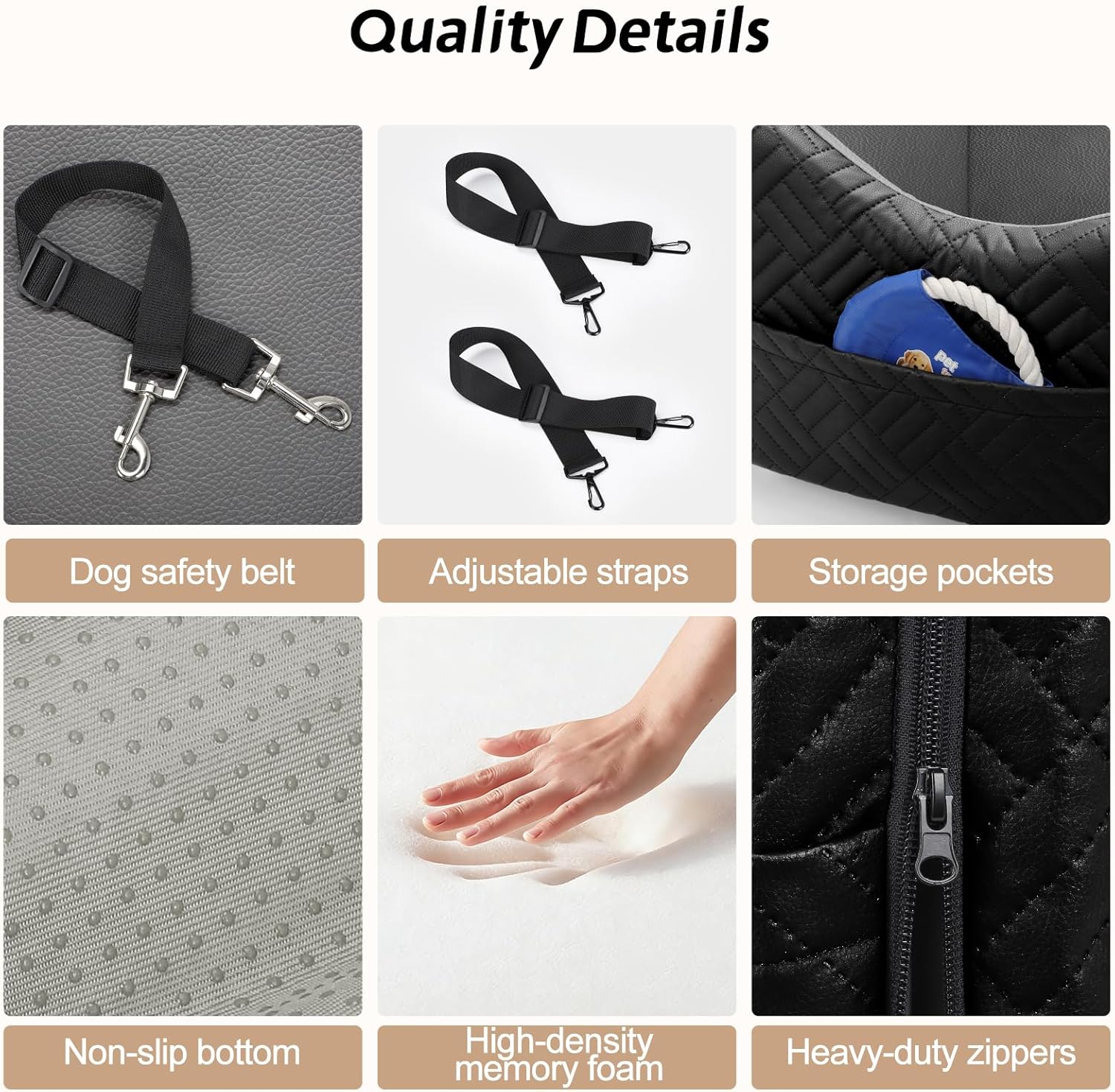 JOEJOY Dog Car Seats for Small Medium Dogs, Wipe Clean Waterproof Detachable PU Leather Cover, Thickened 2 inch Memory Foam Pet Car Seat with Safety Belt and Storage Pockets(No Cushion) - Image 6