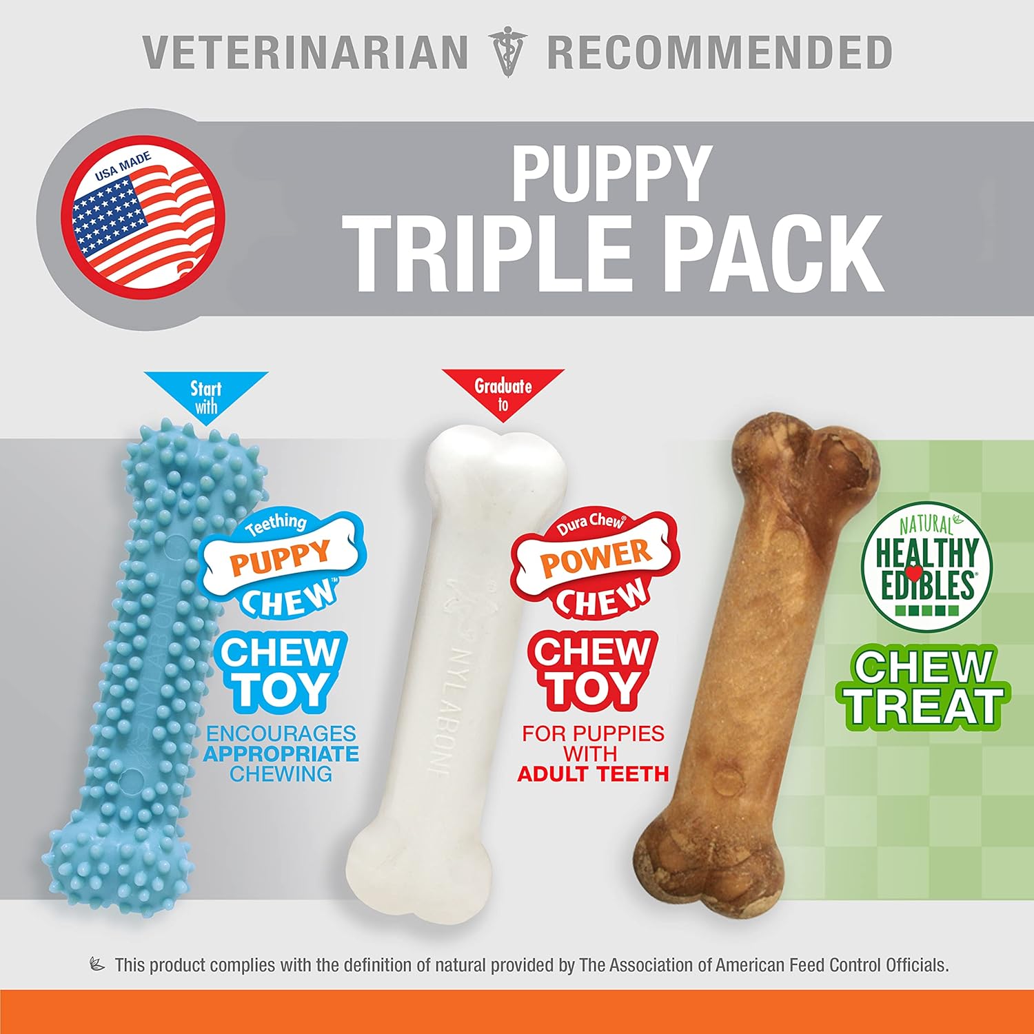 Nylabone New Puppy Starter Kit, Chew Toys & Natural Chew Treat for Puppies, Puppy Enrichment Teething Toys, Blue, Long Lasting Chicken & Bacon Flavor, Small Dogs - Up to 25 Ibs, 3 Pack - Image 3
