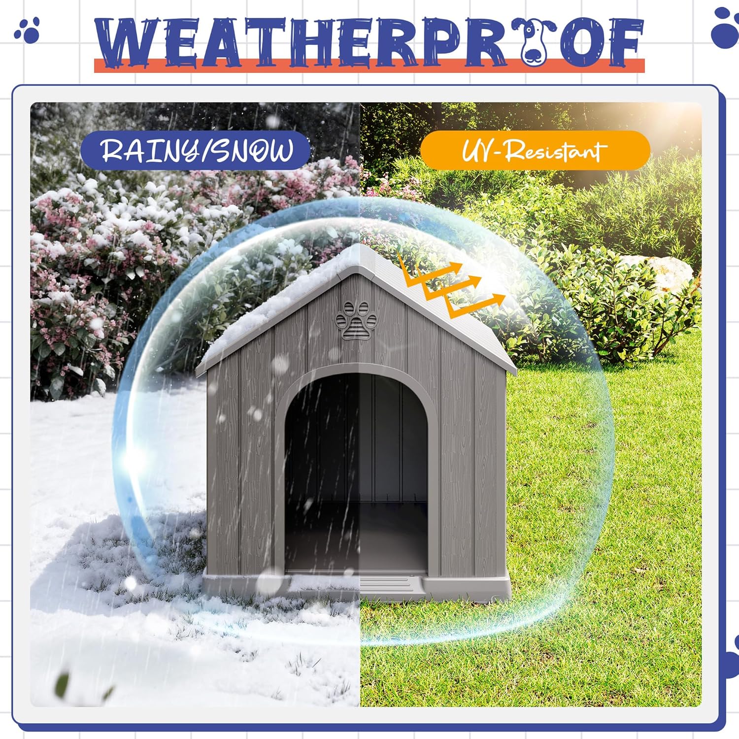 Bifanuo Dog House Outdoor Indoor, Plastic Small Dog House-Weatherproof Design with Air Vents & Elevated Floor for Small to Medium Dogs, Easy Clean and Assemble (Grey, 26.18" L x 24.03" W x 25.98" H) - Image 3