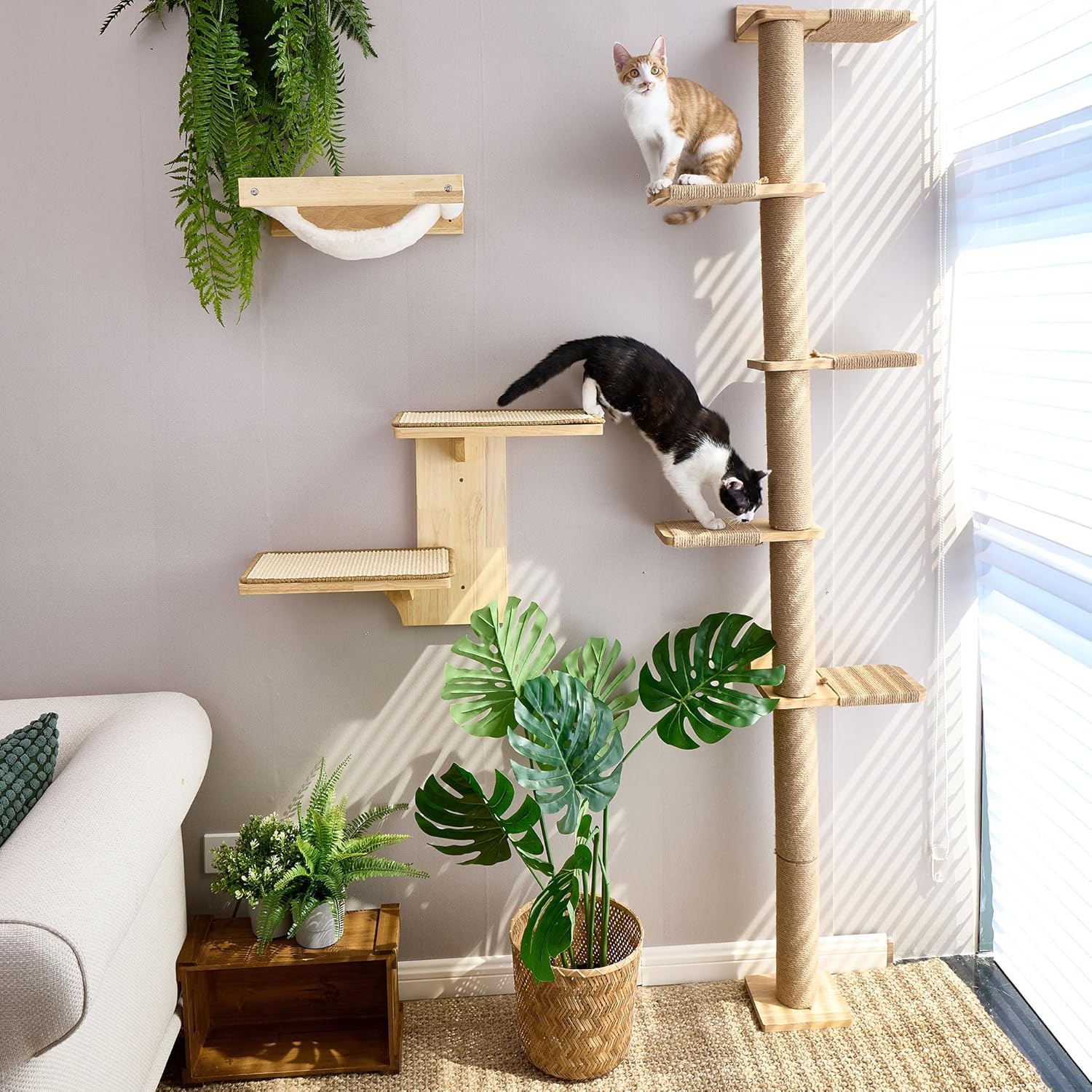 FUKUMARU Wall-Mounted Cat Tree for Small & Medium Cats, 5-Tier Tall Cat Climbing Tower with Scratching Post, Indoor Cat Wall Shelves for Climbing, Scratching & Lookout - Image 3