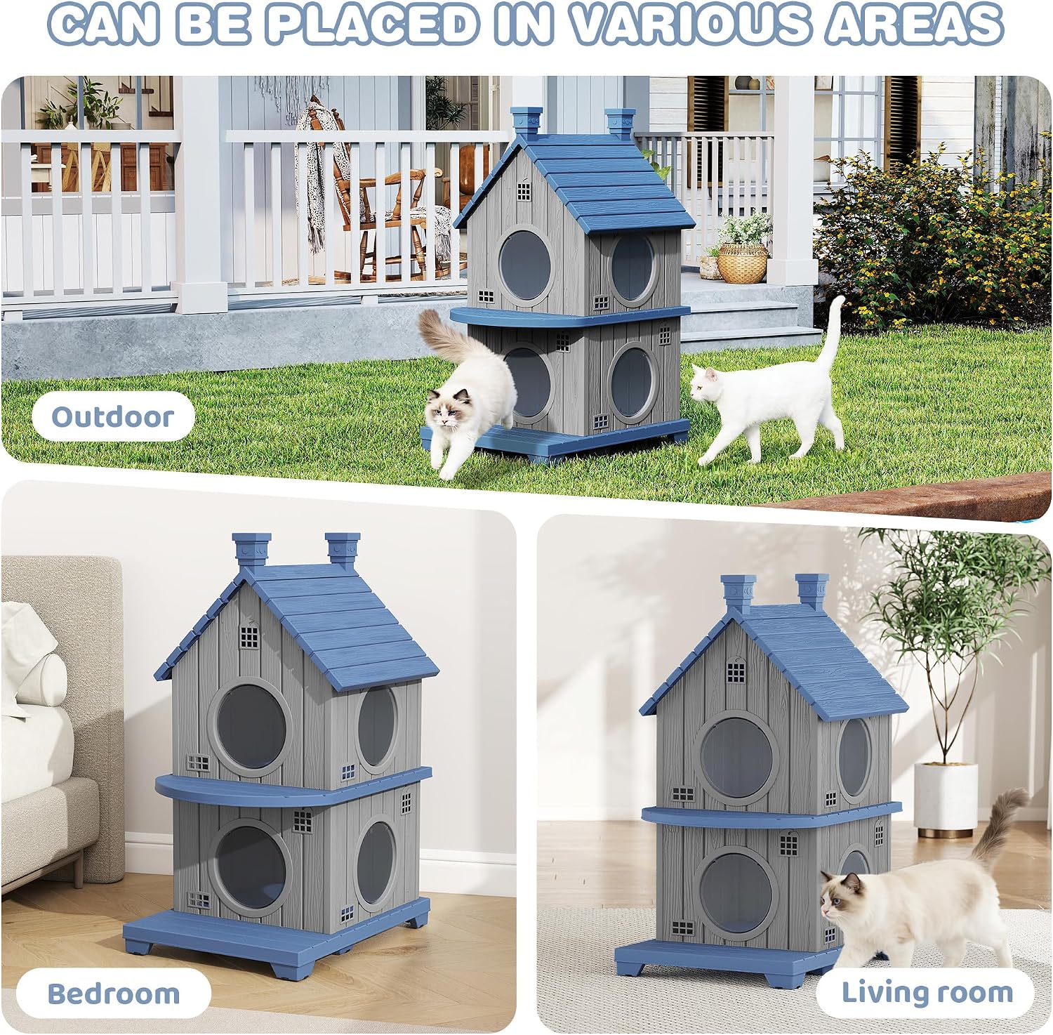 Outdoor Cat House Weatherproof, Durable Resin Cat Houses for Outdoor Indoor Cats, Litter Box Enclosure with Elevated Base, Anti-Slip Pad, Ventilation, Double-Story, Grey Blue - Image 7