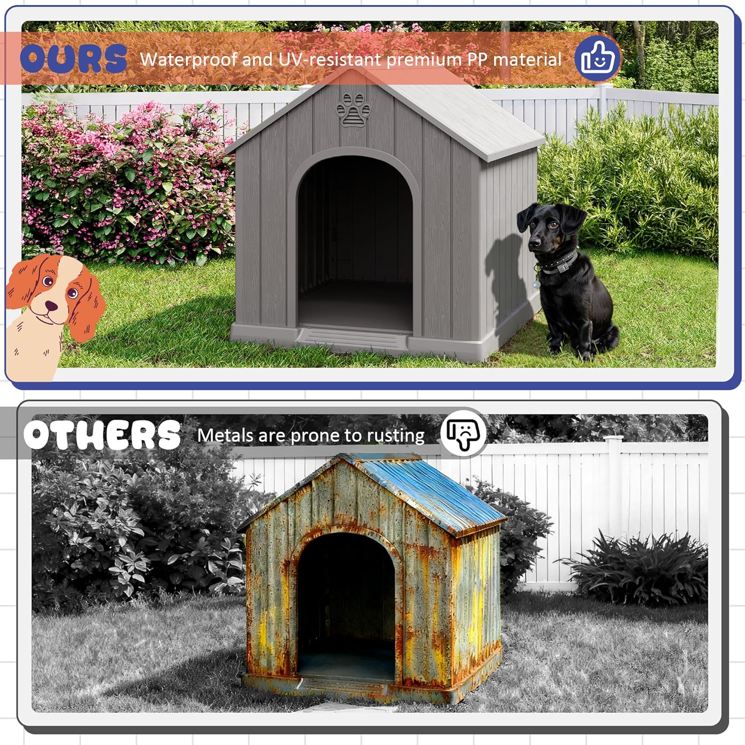 Bifanuo Dog House Outdoor Indoor, Plastic Small Dog House-Weatherproof Design with Air Vents & Elevated Floor for Small to Medium Dogs, Easy Clean and Assemble (Grey, 26.18" L x 24.03" W x 25.98" H) - Image 6