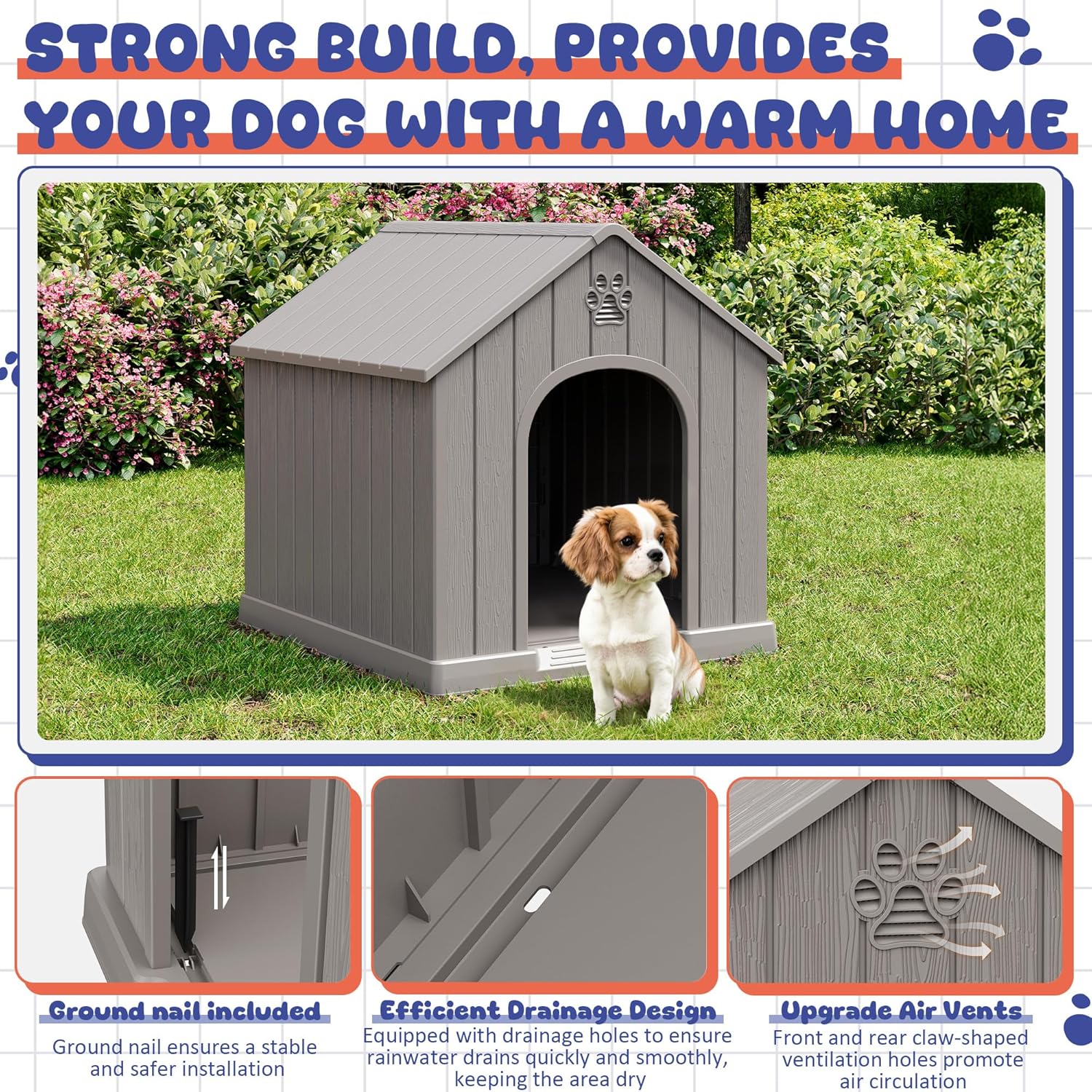 Bifanuo Dog House Outdoor Indoor, Plastic Small Dog House-Weatherproof Design with Air Vents & Elevated Floor for Small to Medium Dogs, Easy Clean and Assemble (Grey, 26.18" L x 24.03" W x 25.98" H) - Image 4