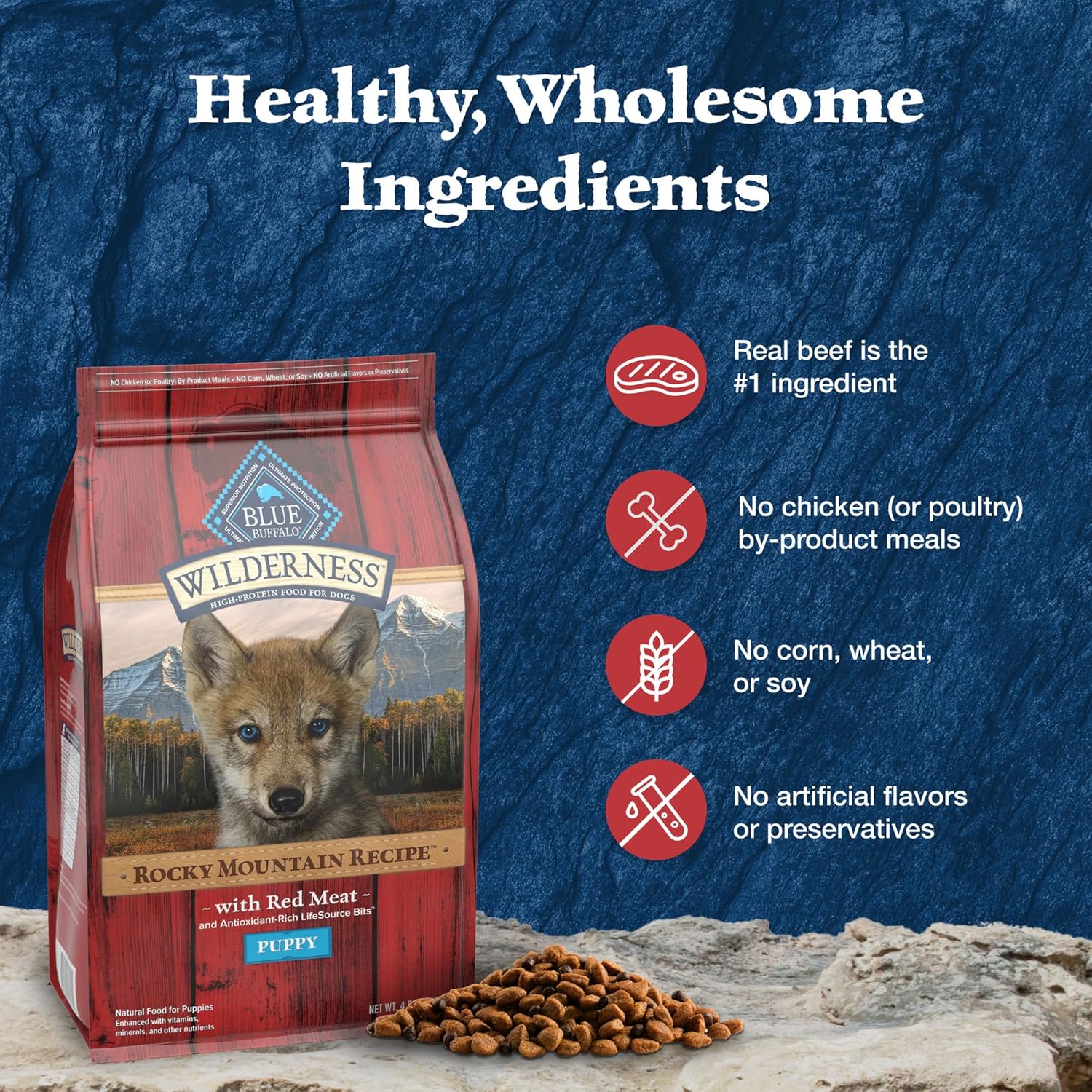 Blue Buffalo Wilderness High-Protein Rocky Mountain Recipe Dry Food for Puppies, Red Meat & Grains, 24-lb Bag - Image 6