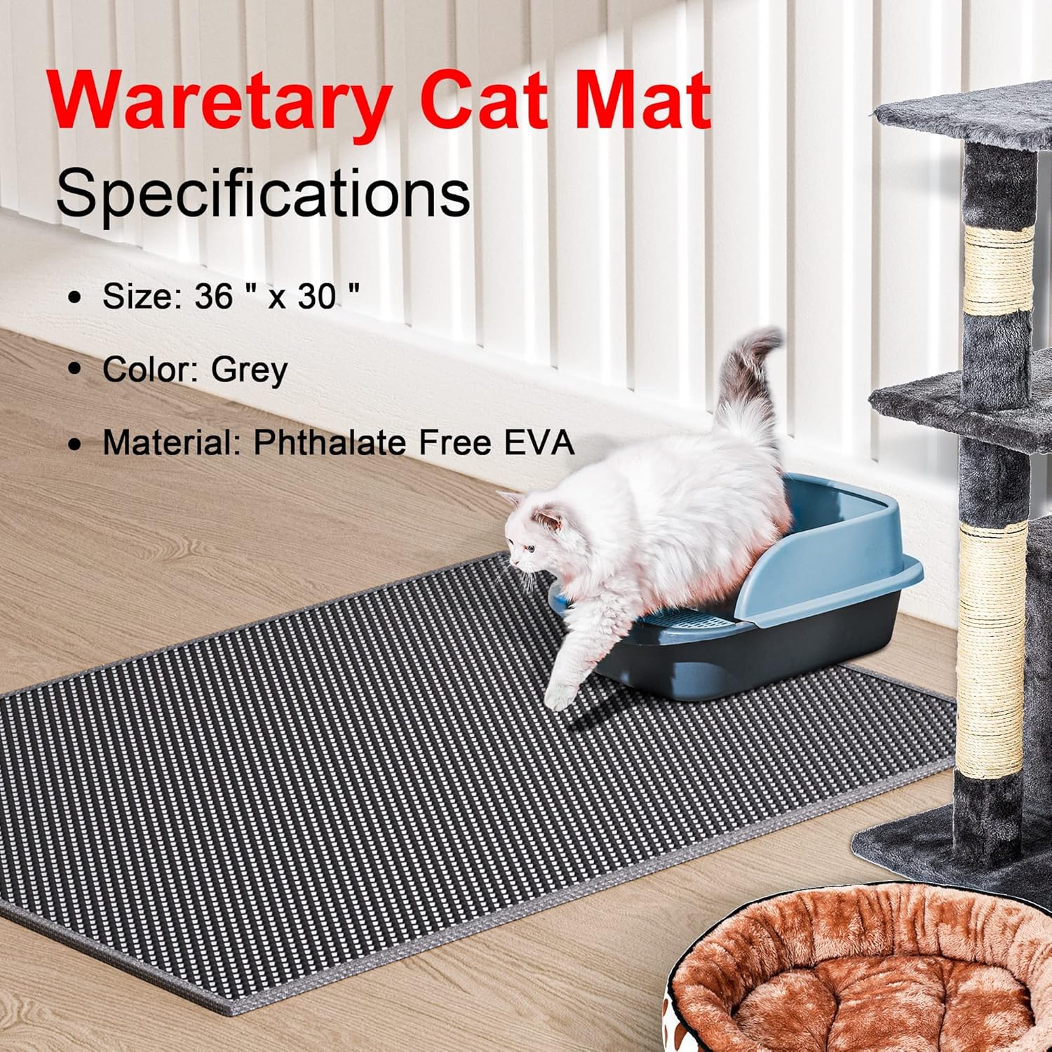 Waretary Cat Litter Box Mat: 36"x 30" Waterproof Kitty Cat Litter Trapping Mat, Easy-clean Double-layer Scatter Control Pad Rug (Grey) - Image 2